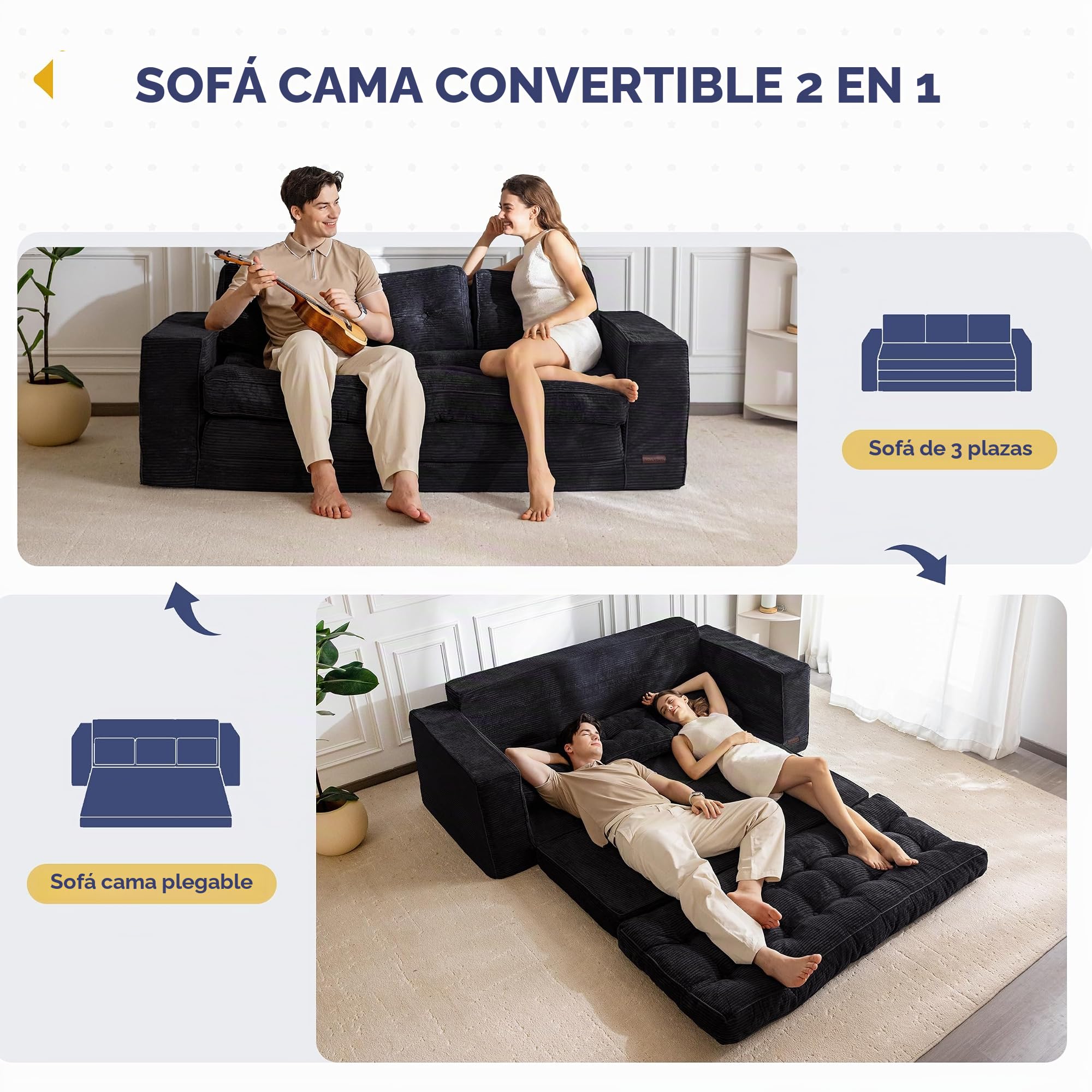 MAXYOYO Sofá Cama de Suelo de 190 cm de Ancho con Cojín, 2 en 1, Plegable, de Pana de 3 Plazas, con Función de Dormir, Superficie de Descanso 101 x 196 cm, para Salón, Dormitorio, Salón
