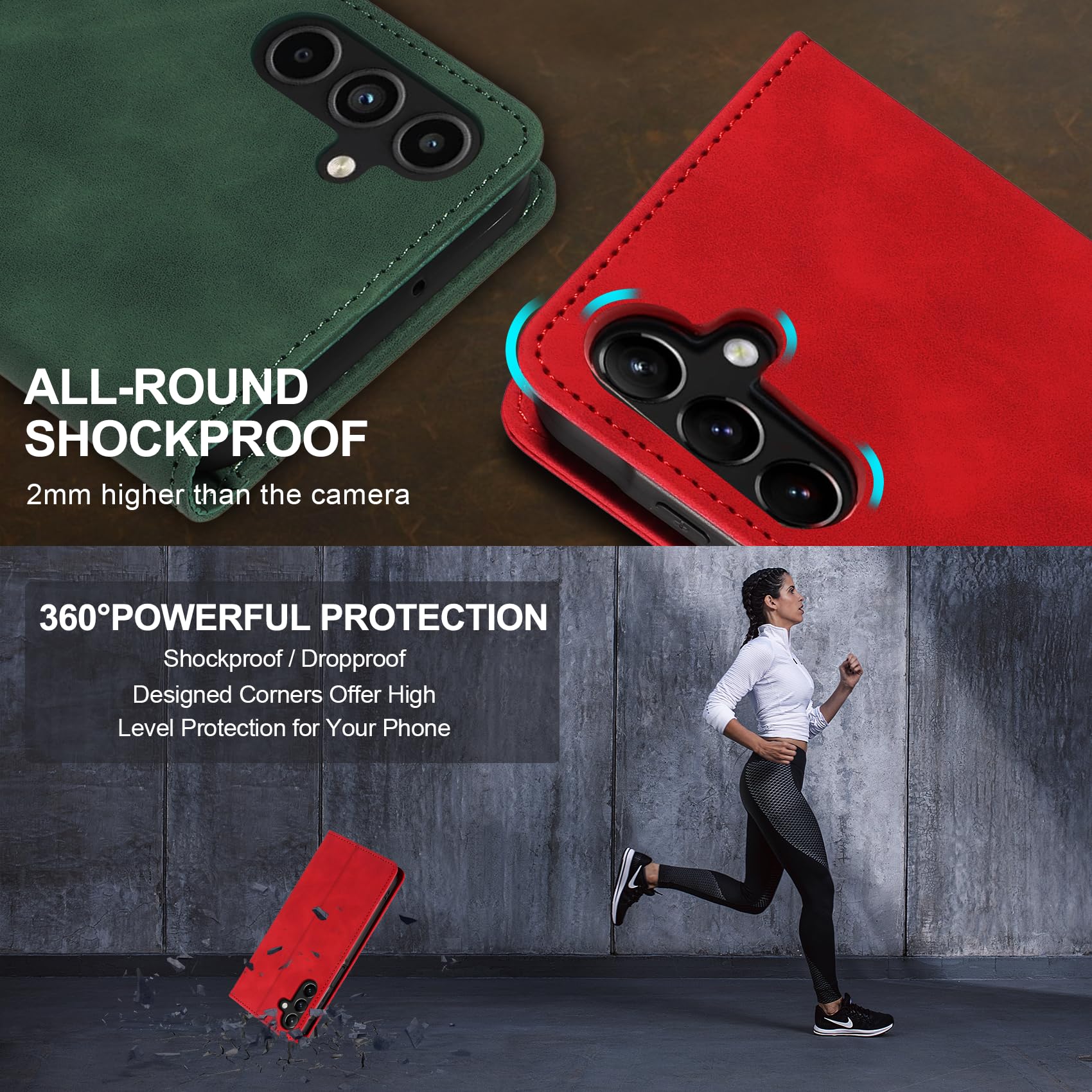 QHOHQ Cover per Samsung Galaxy A15 4G/5G + Vetro Temperato, [RFID Antifurto], Libro Custodia Portafoglio Premium Pelle PU, [Multifunzionale], Chiusura Magnetico Aletta Antiurto Case (Retrò)-Rosso