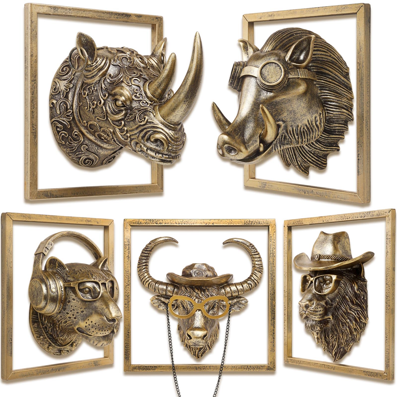 JJALIGHTS Exquisite Resin Animal Head Wall Sculpture (Gift Metal Frame) - Imitation Copper Vintage Decor for Living Room, Bedroom & Office |