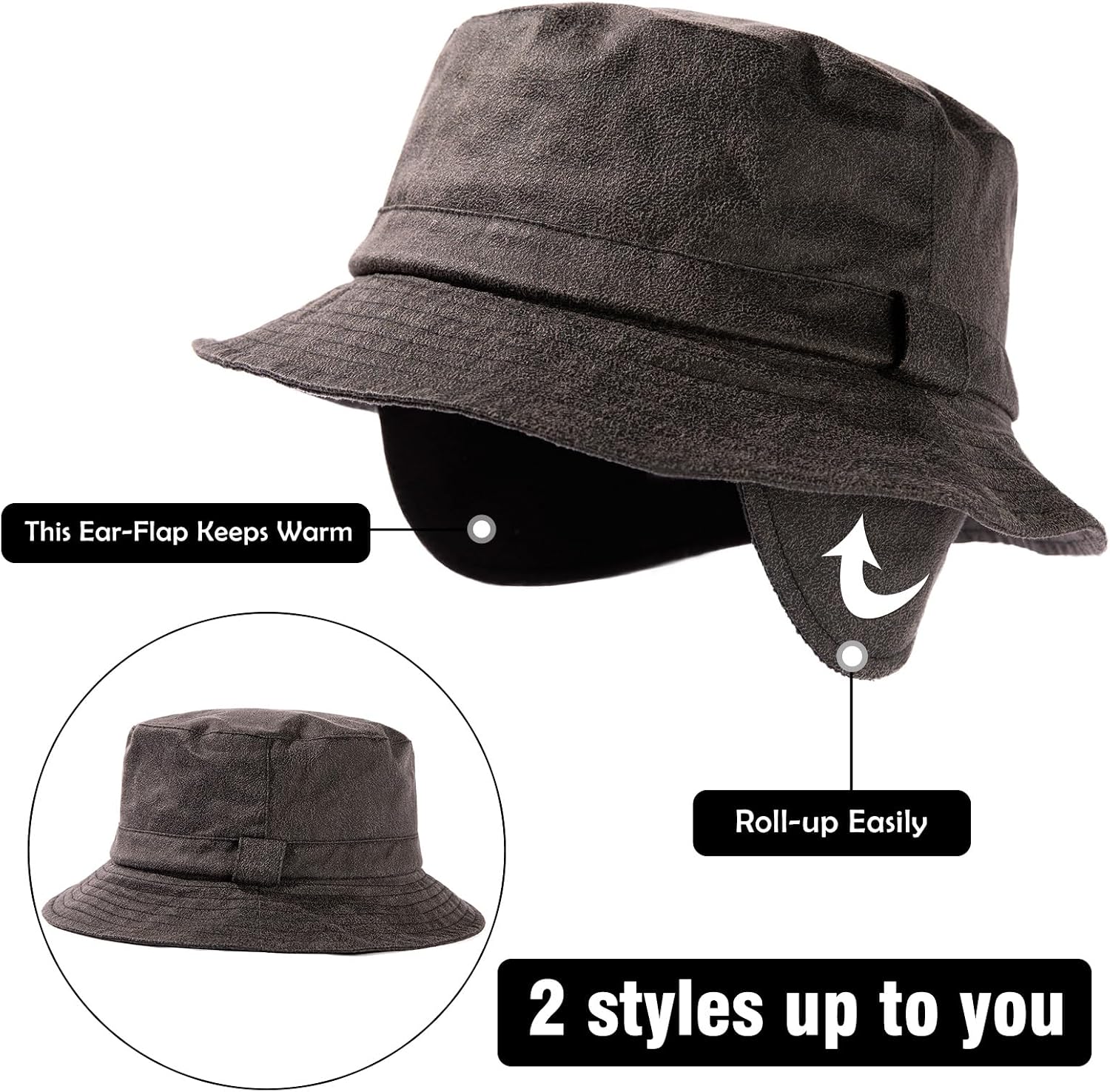 TOP-EX L/XL/XXL Waterproof Golf Bucket Rain Hat for Men- Faux Leather Winter Fleece Hat with Ear Flaps for Cold Weather