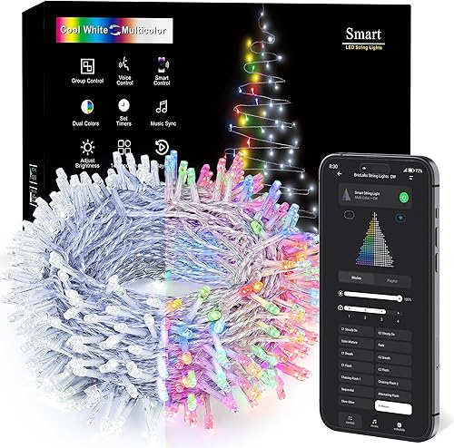 Miniatura 8 de BrizLabs - Luces de Navidad inteligentes, 100 luces LED que cambian de color, 33 pies, control por aplicación/voz, luces de árbol de Navidad Alambre