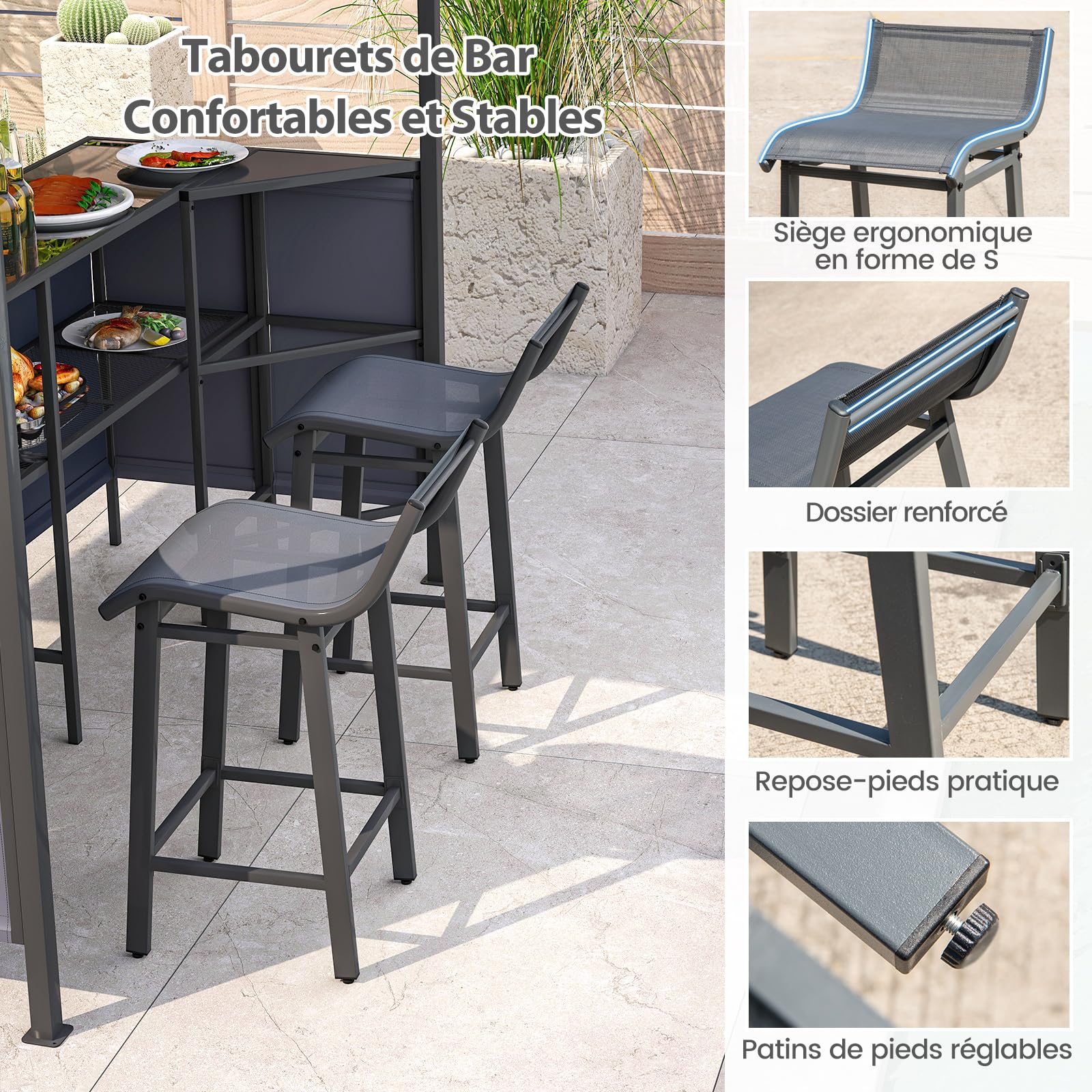 COSTWAY Tonnelle de Bar de Patio en 3 Pièces 245 x 245 CM avec 2 Tabourets de Bar, Abri Barbecue Double Toit Table de Bar en Verre Trempé Étagère de Rangement Porte-Verres à Vin, pour Fêtes (Gris)