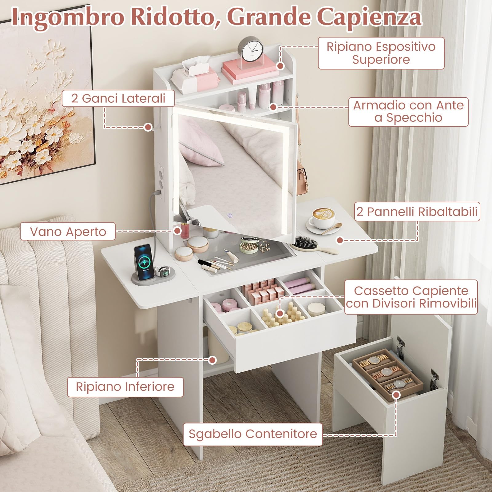 COSTWAY Toeletta Trucco con Luci LED, Tavolo da Trucco con Specchio e Stazione di Ricarica, Postazione Trucco con Cassetto, 2 Piani d'Appoggio a Ribalta, Bianco (Modello 3)