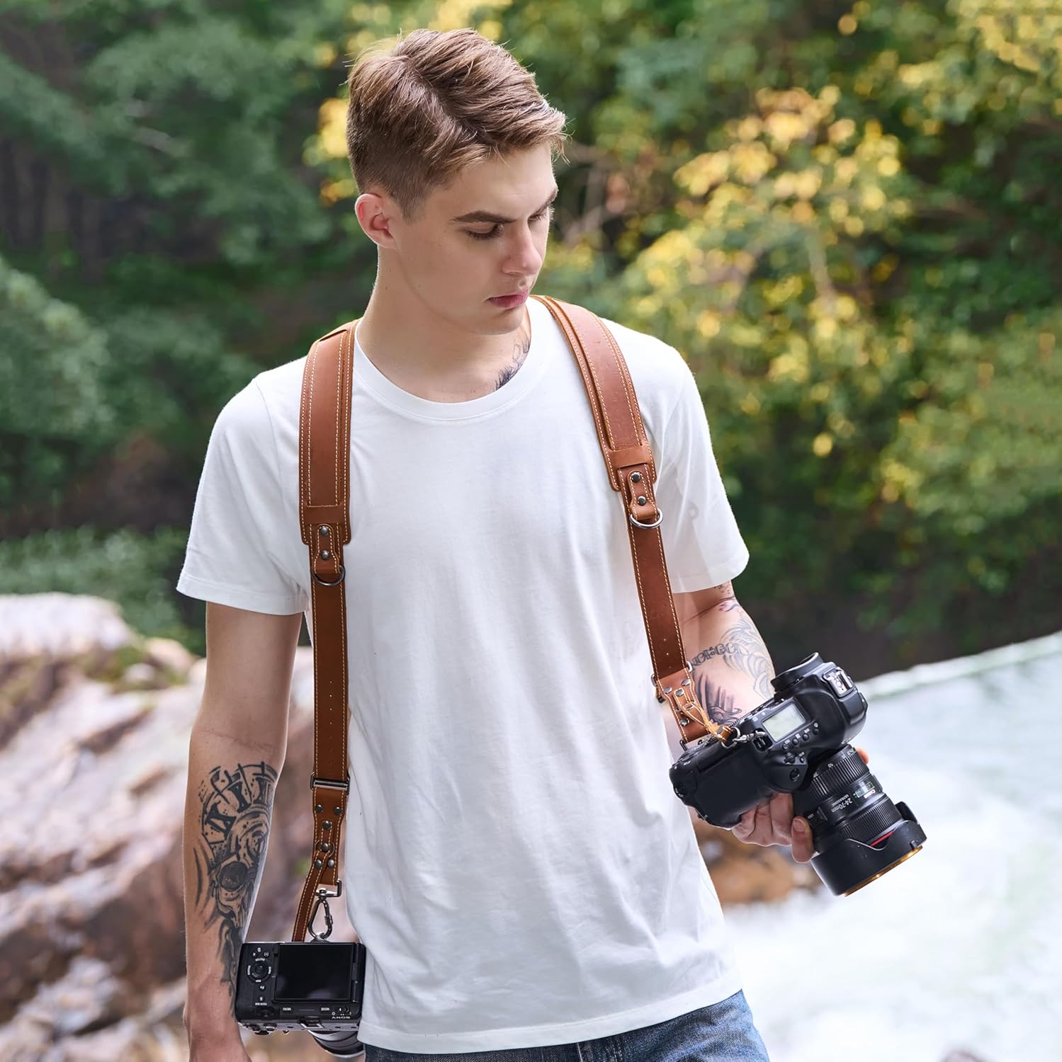 Padwa Lifestyle Tan Dual Camera Harness Strap with Padded for Two Cameras - Dual Shoulder Full Grain Leather Harness,Multi Camera Gear for DSLR/SLR Strap,Double Camera Harness for Photographers