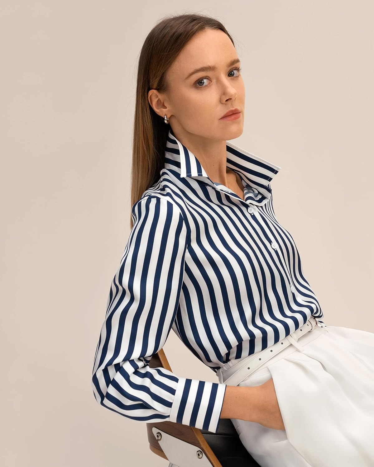 LilySilk Womens 100% Silk Shirt Ladies Blue White Pinstripes Blouse with V Neck and Long Sleeve Work Casual All Season - Image 8