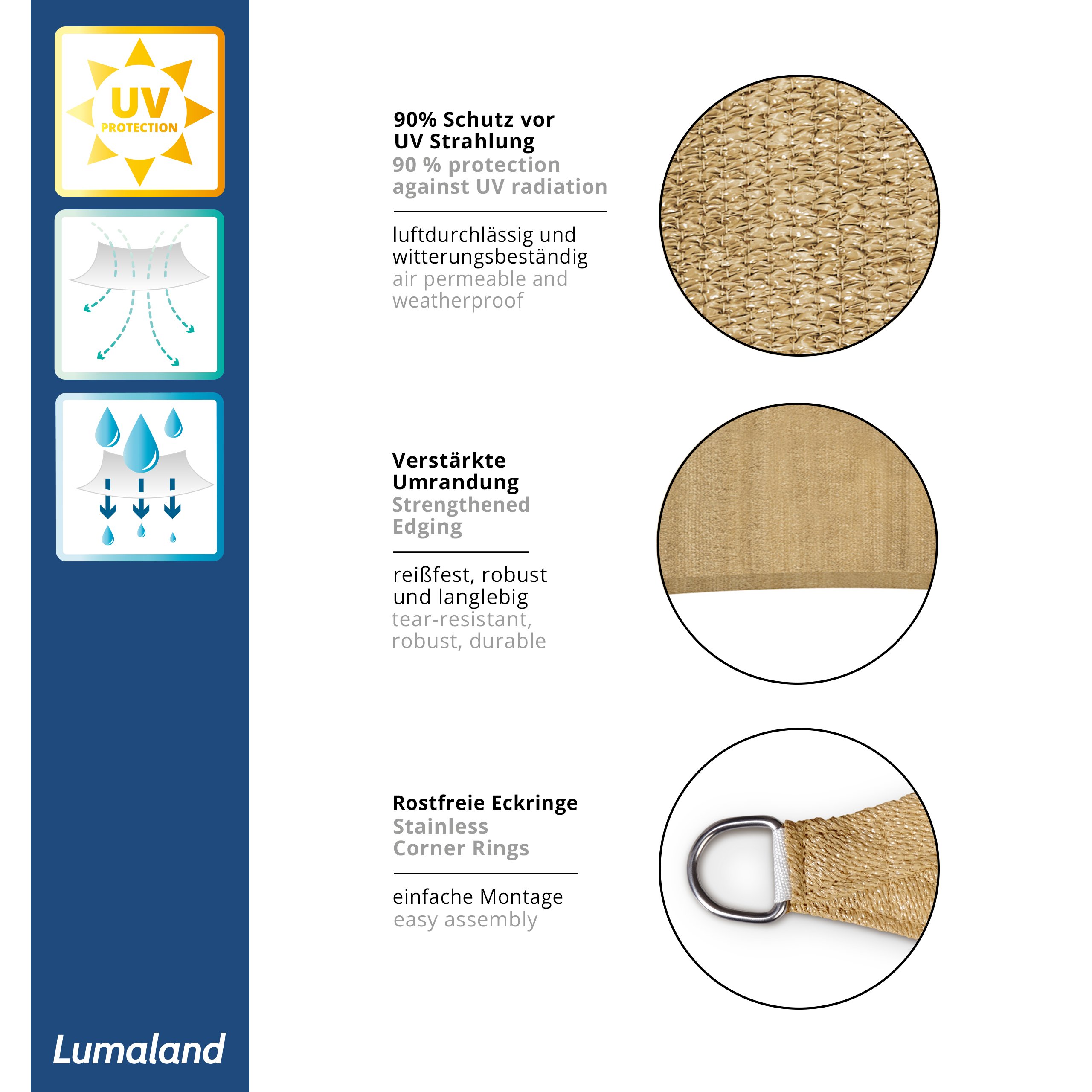 Lumaland Voile d'ombrage Triangulaire - 4 x 4 x 4 m - Protection Solaire résistante aux intempéries - avec Cordes de Fixation - pour terrasse, Jardin et Balcon - avec Protection UV - Sable