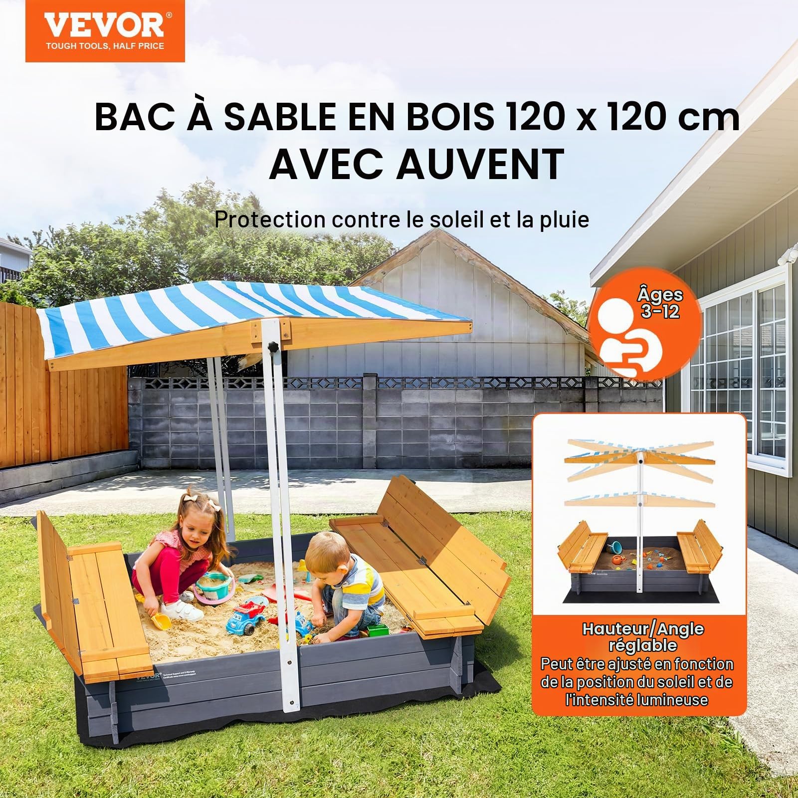 VEVOR Bac à sable en bois naturel avec auvent, 1455 x 1200 x 1200 mm, bac à sable avec banquettes pliables et doublure inférieure, pour jardin extérieur, plage, parc, cadeau pour enfants de 3 à 12 ans