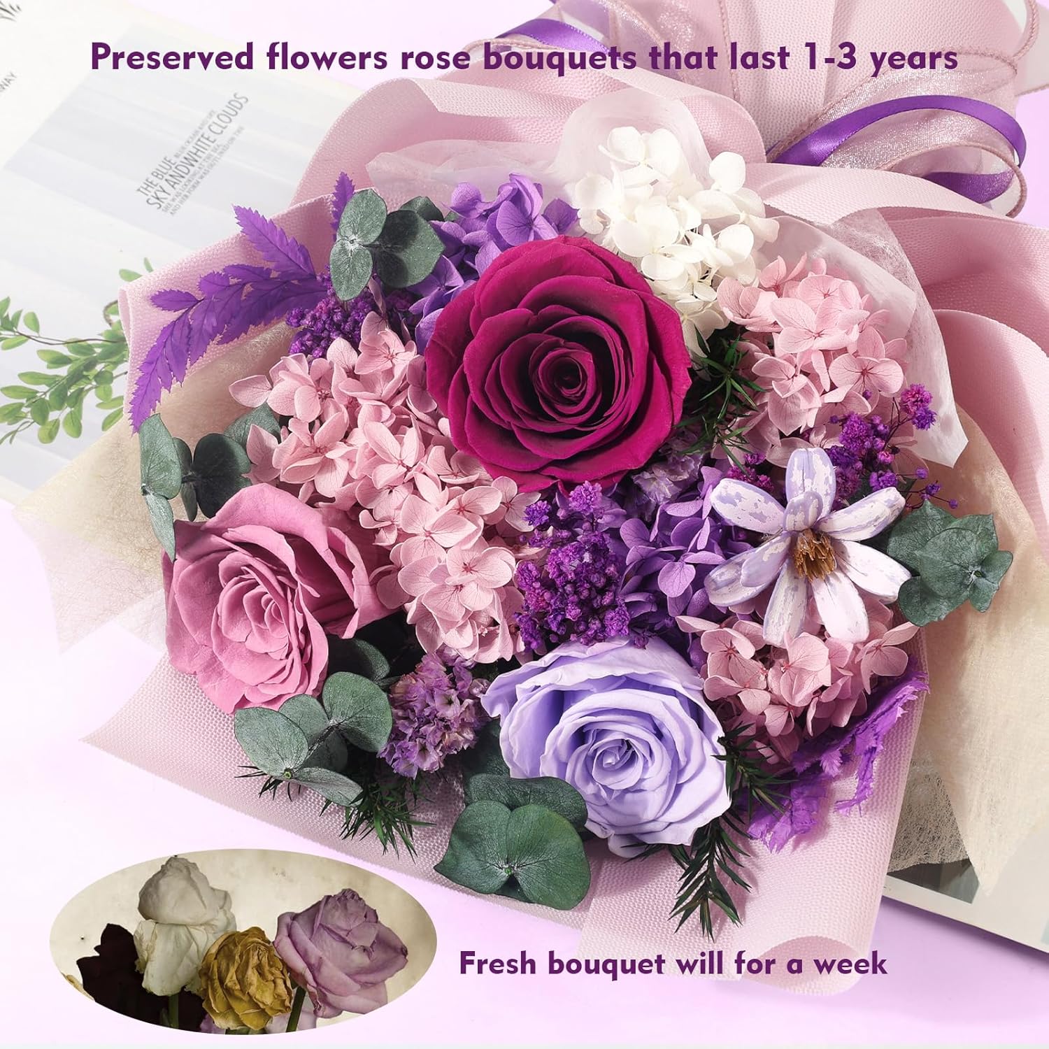 Flowers for Delivery Prime Preserved Flower Bouquet That Last 3-5 Years Real Forever Rose Bouquet for Mom Mother Women Wife Girlfriend Anniversary Birthday Valentines Day Gifts for Her(Purple) - Image 2