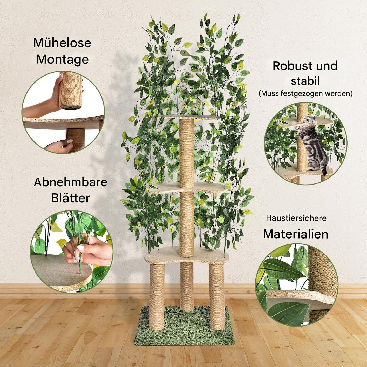 Tiragraffi con foglie e telaio in legno, 150 × 50 × 50 cm – stabile albero per gatti a più piani con palo in sisal, design moderno per casa, gioco e relax