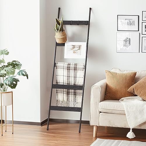 Miniatura 5 de ELYKEN Escalera para manta para sala de estar, soporte de edredón de 5 niveles con 4 ganchos extraíbles para baño, estante de toalla de madera,