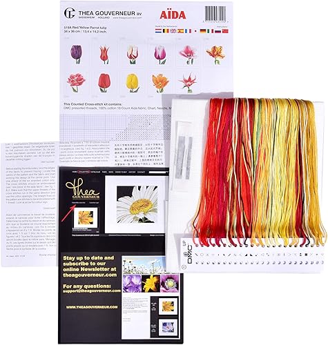Miniatura 2 de Thea Gouverneur - Kit de punto de cruz, 18 unidades, tulipán de loro rojo/amarillo sobre Aida, 13.5 x 14.25 pulgadas