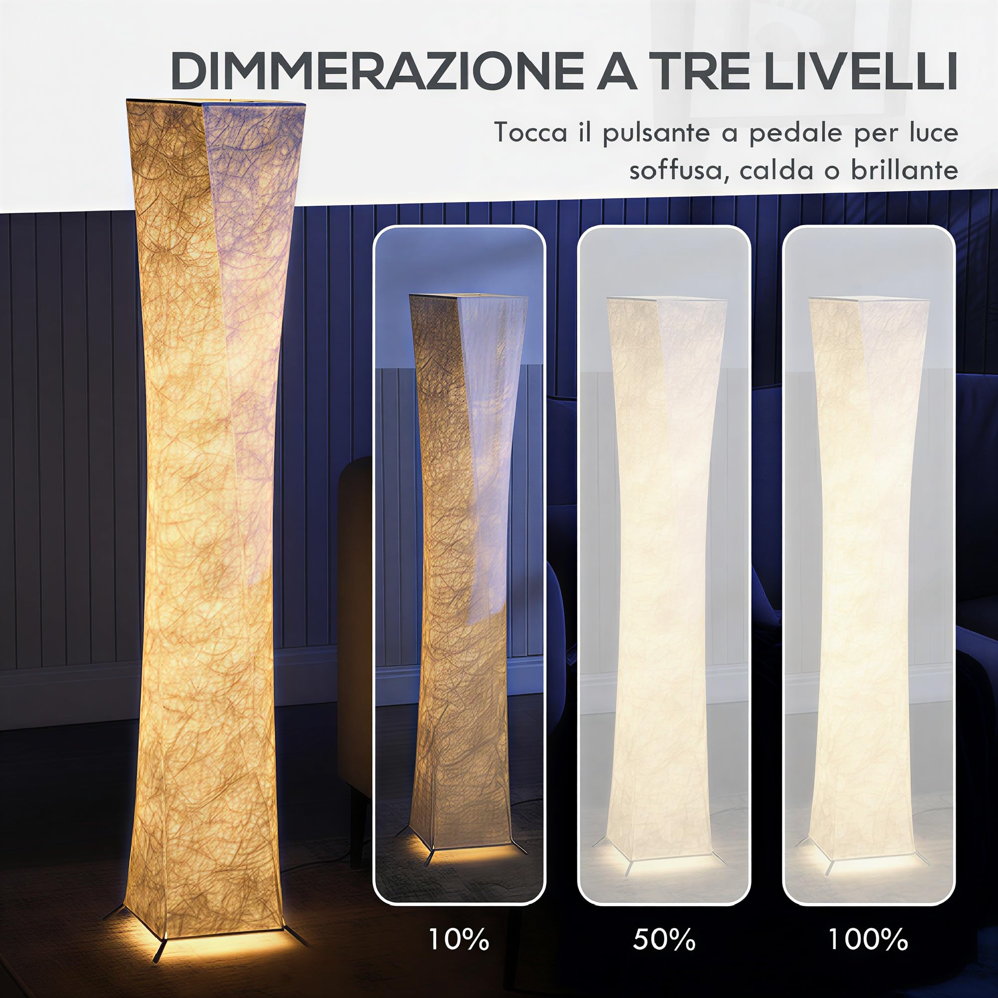 HOMCOM Lampada da Terra Moderna con Luce a 3 Livelli Regolabile e Interruttore a Pedale, Lampada da Pavimento in Acciaio e Tessuto di Carta Sintetica per Soggiorno e Salotto, 25x25x129 cm, Bianco