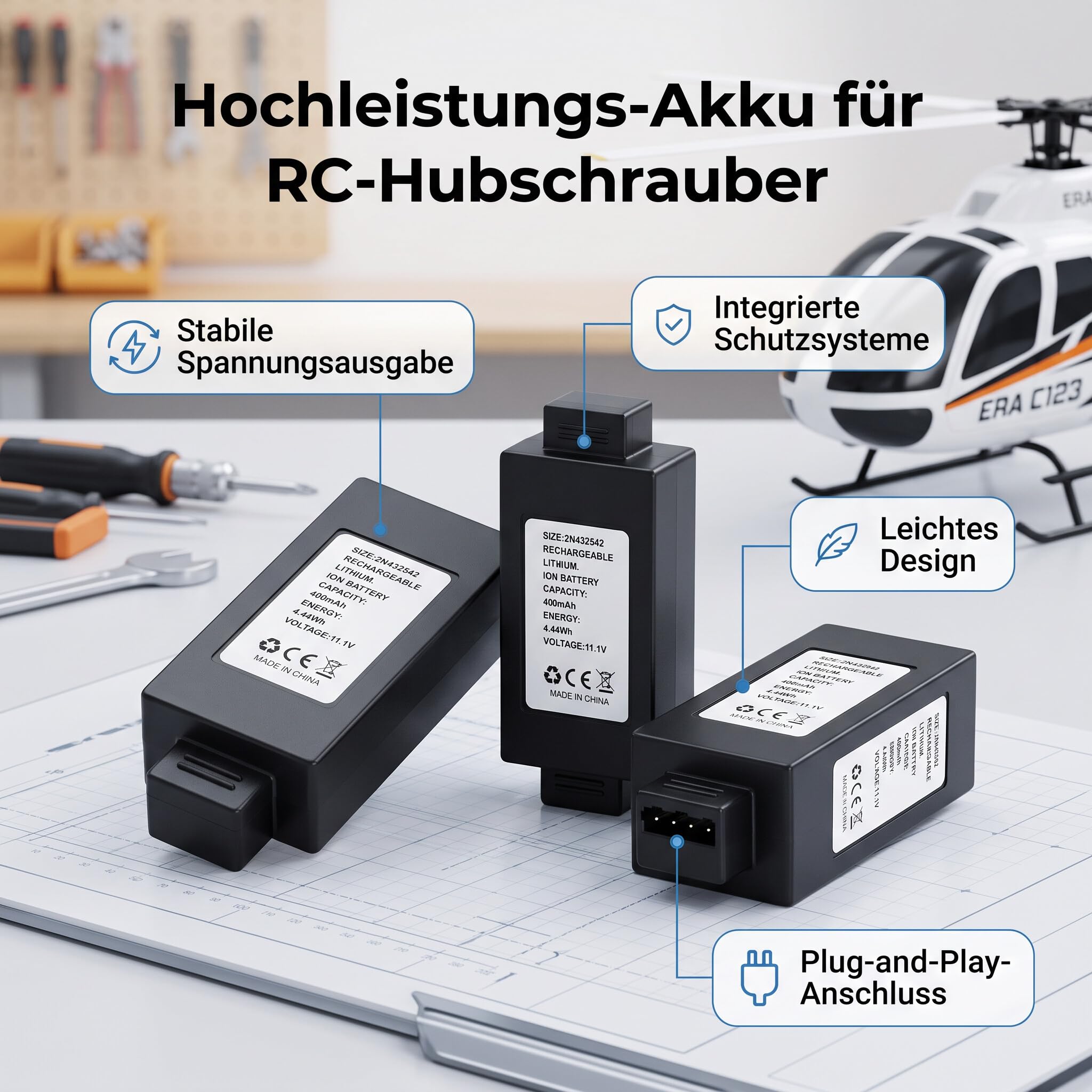 Wiederaufladbarer 11,1V 400mAh RC-Hubschrauber-Akku, RC ERA C123 EC135 Ferngesteuerte Hubschrauber mit Überladeschutz, Tiefentladeschutz, Überstromschutz, Kurzschlussschutz (3 Stück)