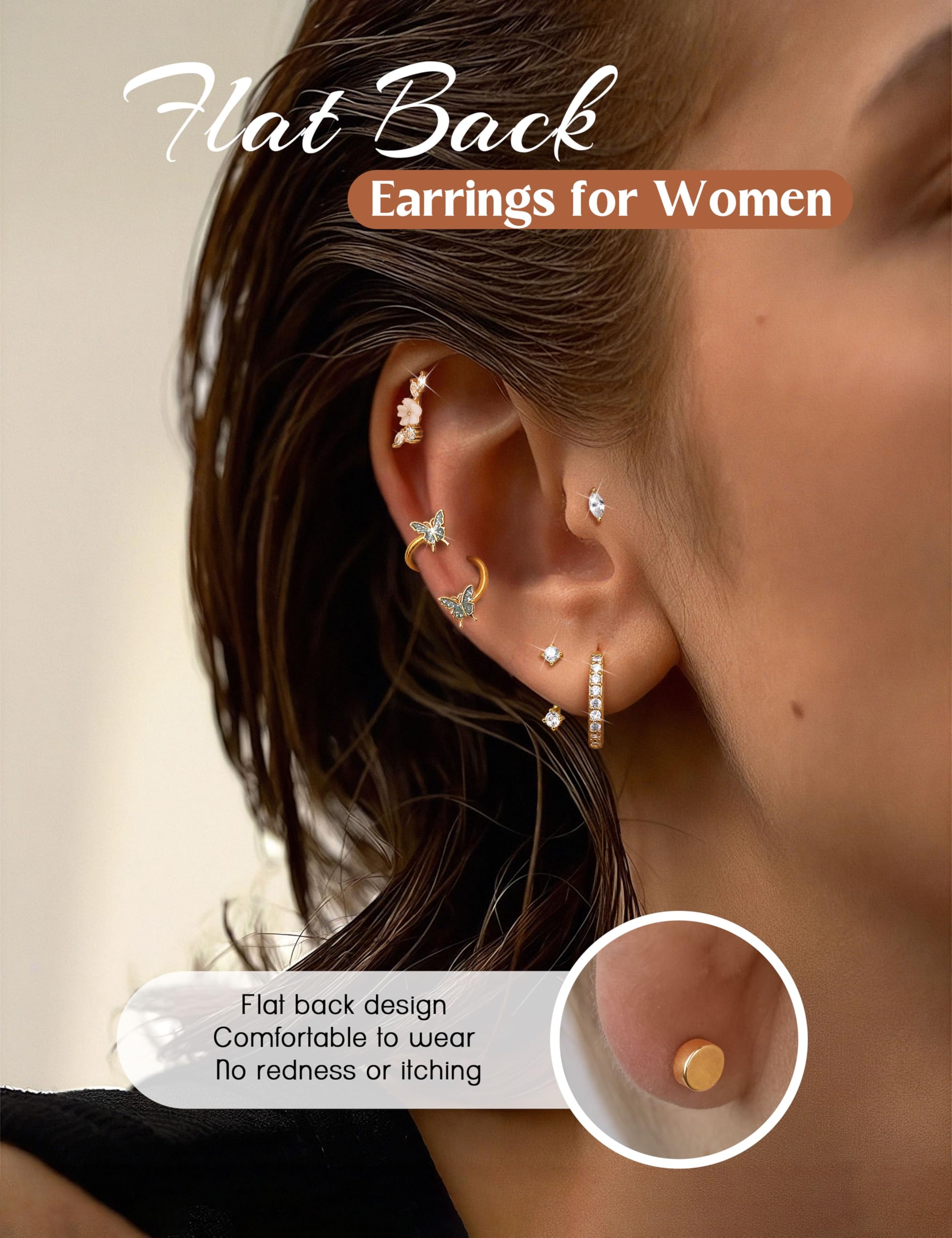 HMJGDHX 12 sztuk Helix Piercing biżuteria srebrne złote kolczyki dla kobiet chirurgiczne stalowe kolczyki z płaskim tyłem Rook Daith Conch Tragus Piercing biżuteria małe Helix Hoop kolczyki na