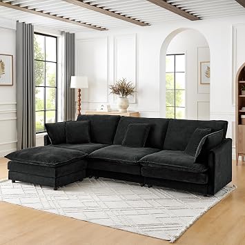 110" L-Shaped Sectional Sofa with Ottoman, Convertible Modular 4-Seater Cloud Couch with Pillows, Towel Fabric Upholstered Deep Seat Comfy Corner Sofa for Living Room Apartment, Polar Black