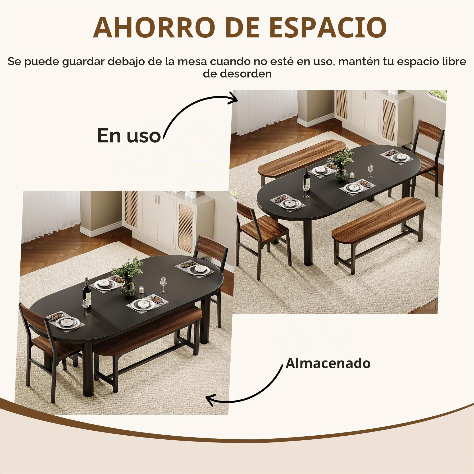 FEONASE Sillas de Comedor Pack 4, 2 Sillas Ergonómicas y 2 Bancos, MDF y Estructura Metálica, Sillas de Cocina para Hogar, Apartamento o Espacios Reducidos, Color Nogal