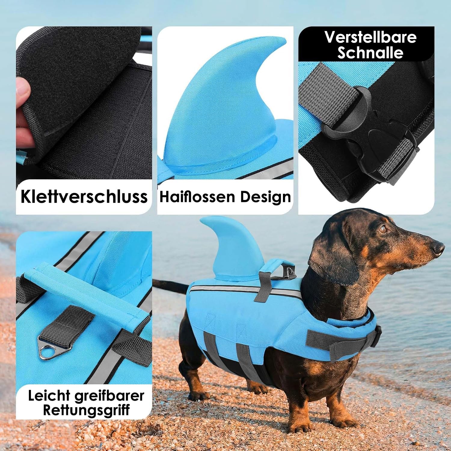 AOFITEE Hundeschwimmweste Hai Klein, Verstellbar Schwimmweste Hund Haiflosse mit Rettungsgriff, Reflektierende Hunde Schwimmweste Hohe Flotation Schwimmweste Rettungsweste für Kleine Hunde, Blau, S