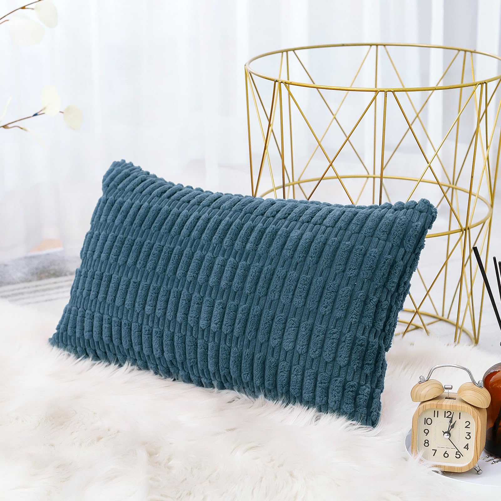 Corduroy Decorative Throw Pillow Covers 12x20 Inch Super Soft Boho Striped Rectangle Pillow Covers Case Modern Cushion Covers for Sofa Couch Bedroom Car Decor Teal