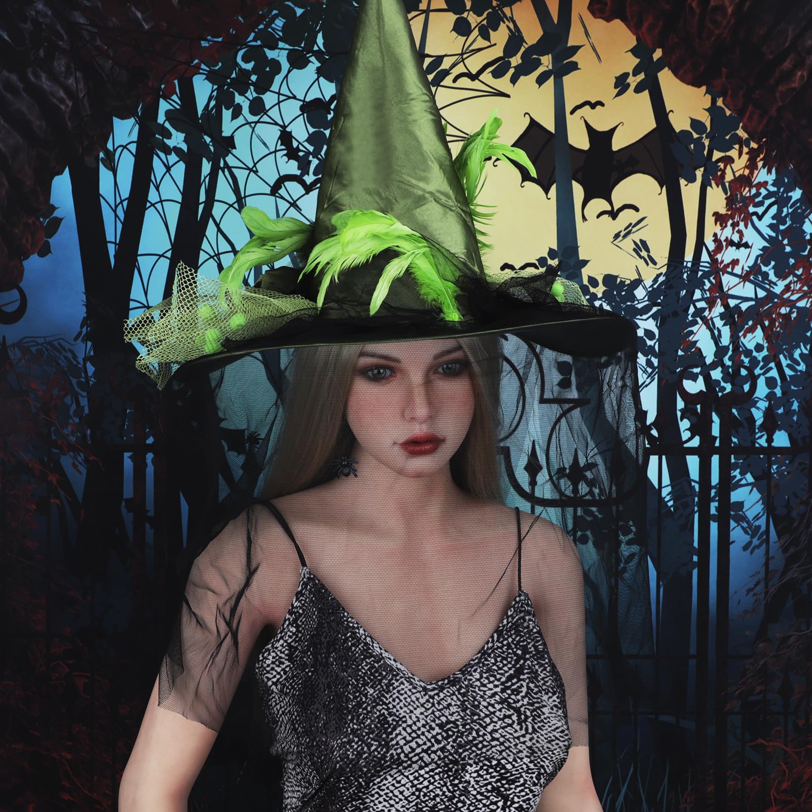 Moonlove Green Witch Hat Veil Floral Feather Vintage Witch Hat for Women Cosplay Halloween Party Gothic Costume Fancy Dress - Image 4
