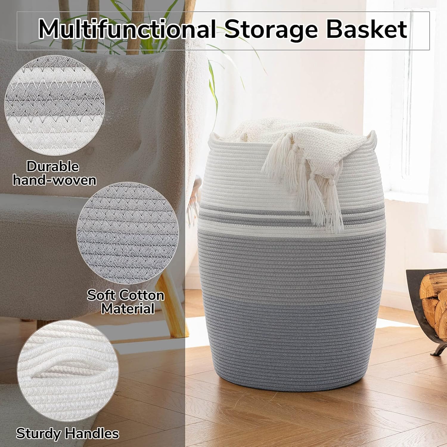 Goodpick Tall Laundry Basket Big Laundry Hamper for Dirty Clothes, Blanket, Toys, Towels, Large Clothes Hamper Basket Organizer in Living Room, Bedroom, Bathroom, 85L, Grey