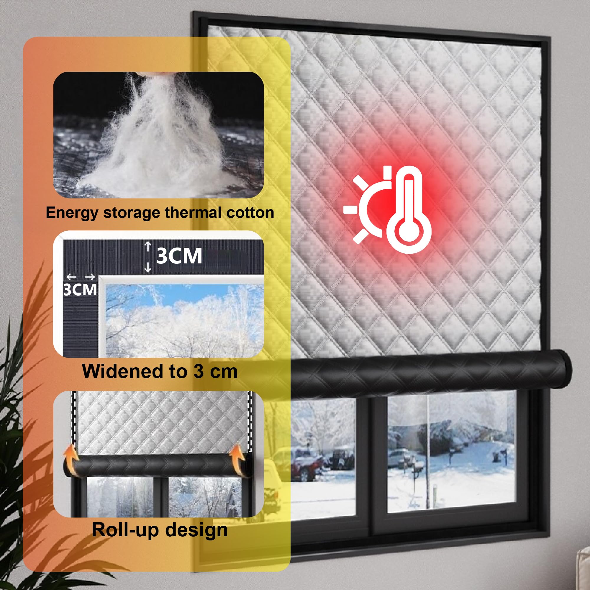 Fenster Wärmeschutz Set 95 x 440 cm Oxford Gewebe Dick Baumwollfüllung Isolierfolie für Fenster Winterfest Machen Einfache Montage Ohne Bohren für Balkontür Terrassentür, Silber
