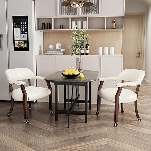 Miniatura 67 de Juego de 4 sillas de cuero de comedor con ruedas y brazos, silla de capitán Accent con ruedas, sillas de madera con ruedas enrollables para cocina y