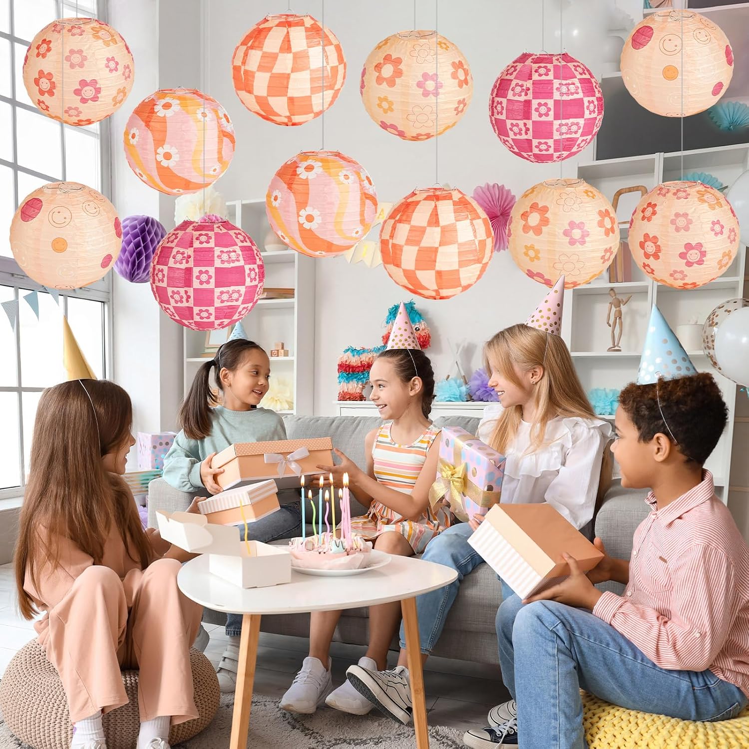 12 PCS Groovy Boho Hanging Paper Lanterns Boho Retro Party Decorations, Hippie Ceiling Hanging Decorations for Classroom, Wedding Baby Shower Birthday Party Home Back to School Decor