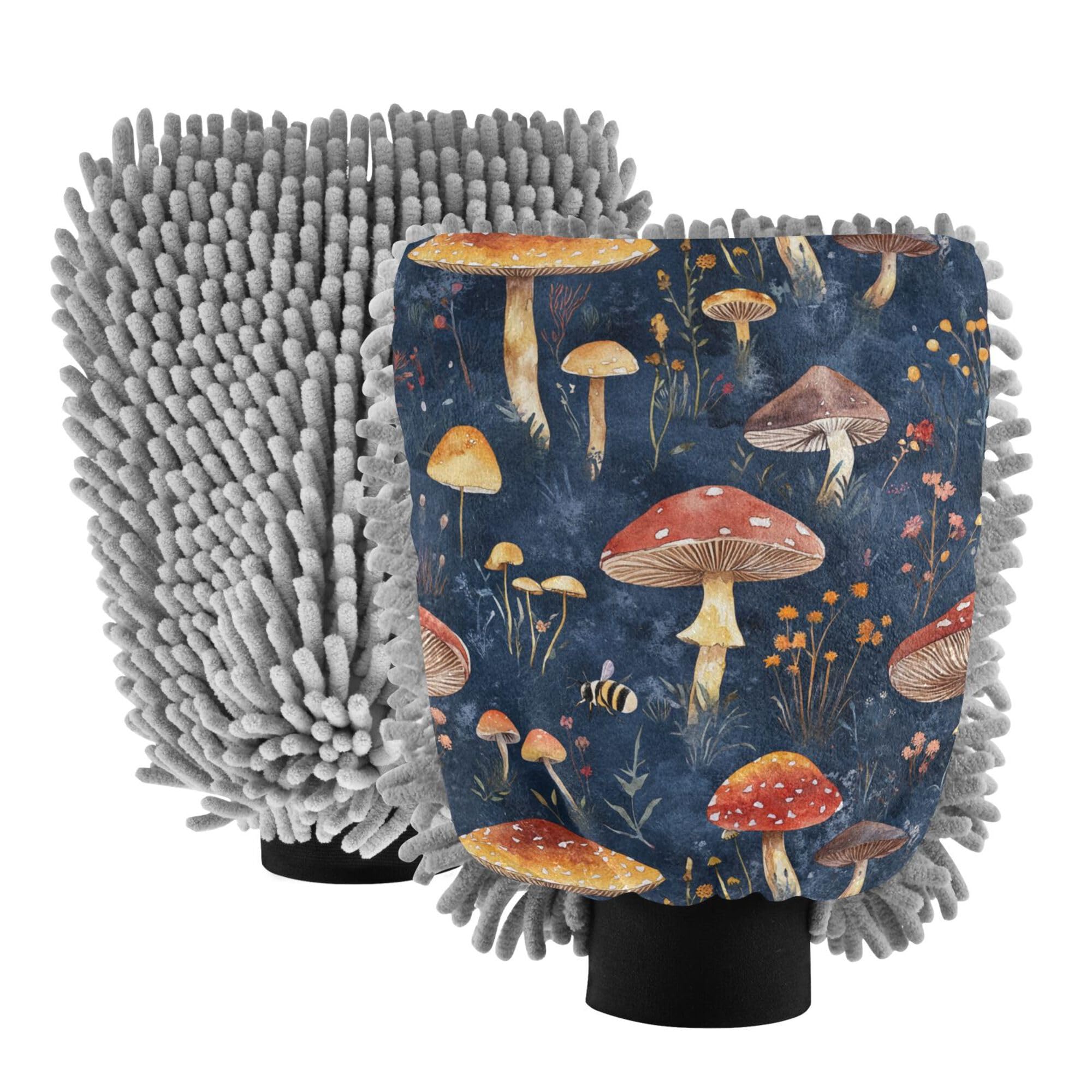 Red Mushrooms Royal Blue Car Wash Mit 2 Pack Car Washing Gloves Scratch-Free Clean Sponges for Auto Cleaning