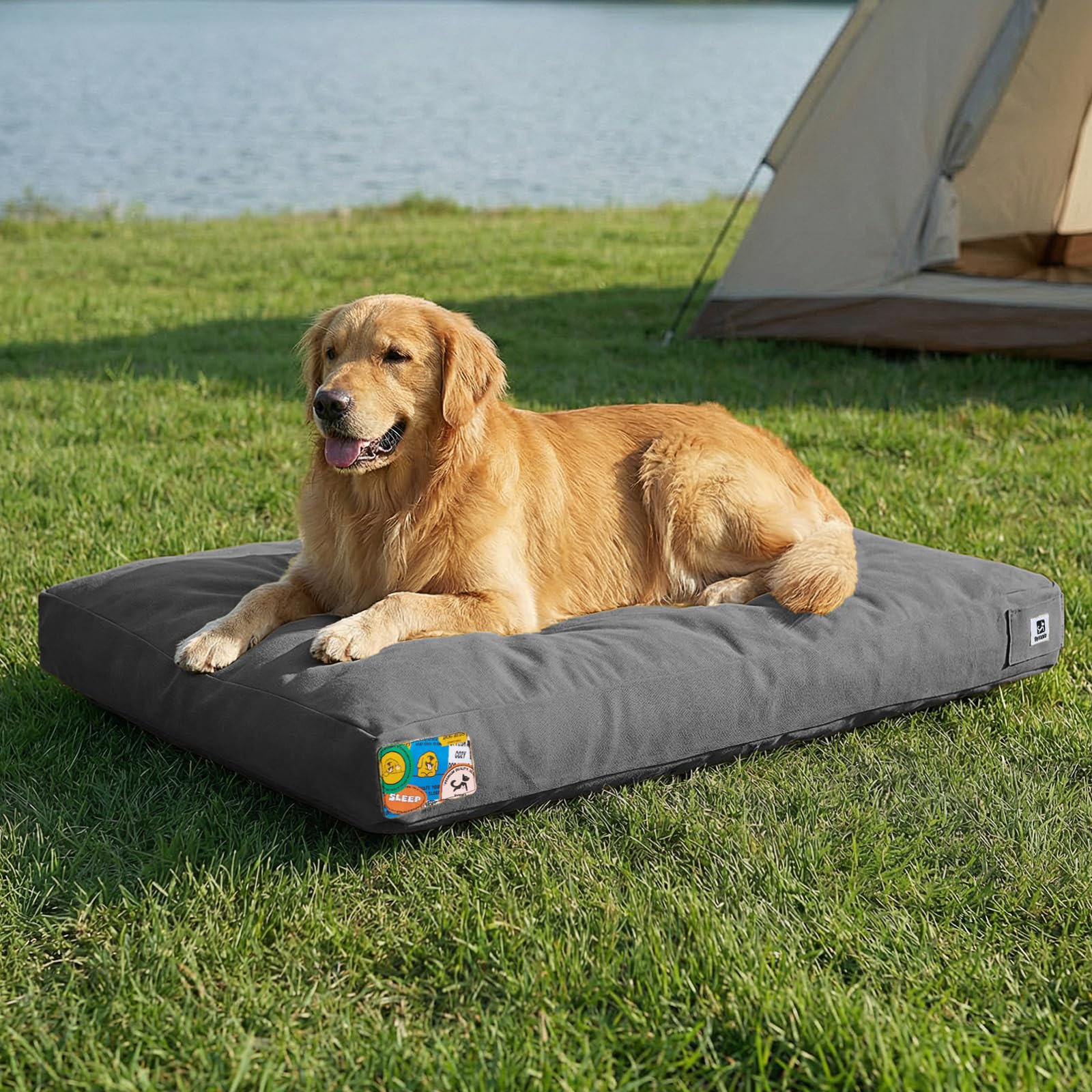 Sytopia 42 Inch Canvas Indestructible Outdoor Dog Bed for Extra Large Dogs, Chew Proof Dog Bed with Waterproof Washable Removable Cover, Indoor Patio Pet Pad for Crate, Dark Grey