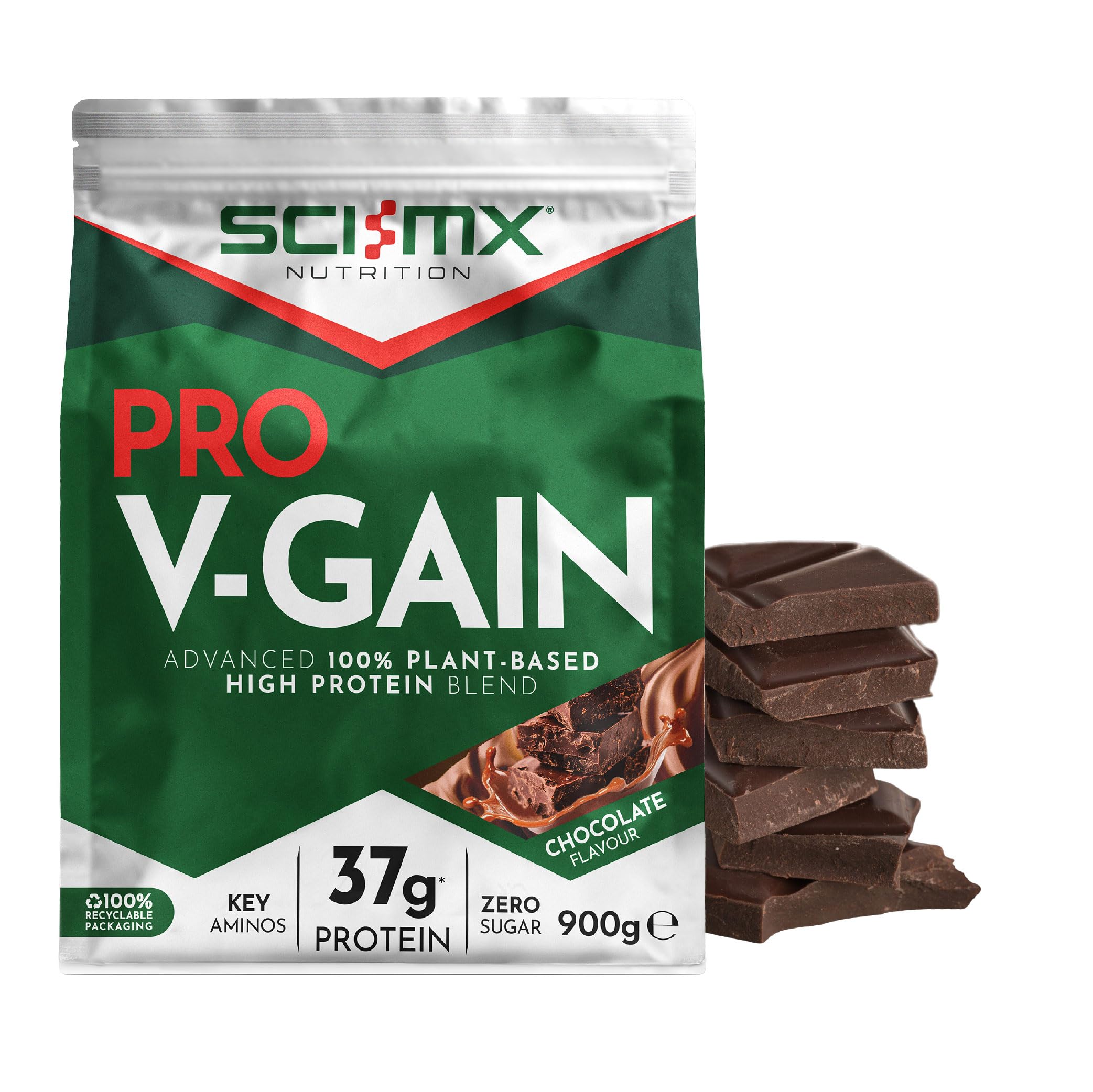 SCI-MX Pro-V Gain - 100% Vegan Protein Powder - Soy, Pea + Rice for Muscle Growth - Chocolate Flavour - B12 + Magnesium - Sugar Free, Non-GMO - 900g (20 Servings) 35g of Protein Per Serving
