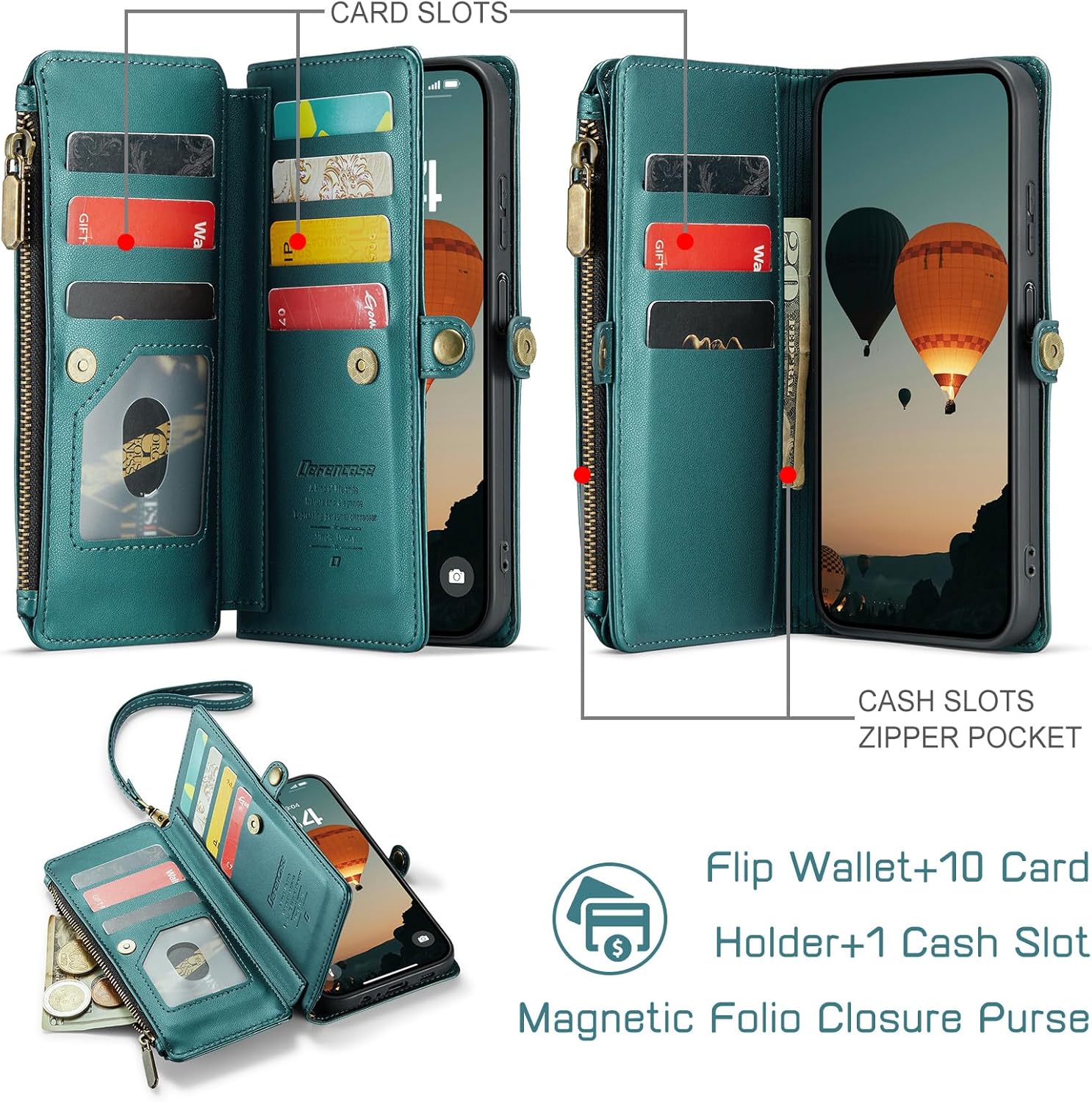Defencase Compatible with Galaxy A16 5G Case Wallet with RFID Blocking Card Holder for Women Men, PU Leather Magnetic Snap Flip Zipper Strap Wallet Phone Case for Samsung Galaxy A16/ 5G, Blue Green - Image 2
