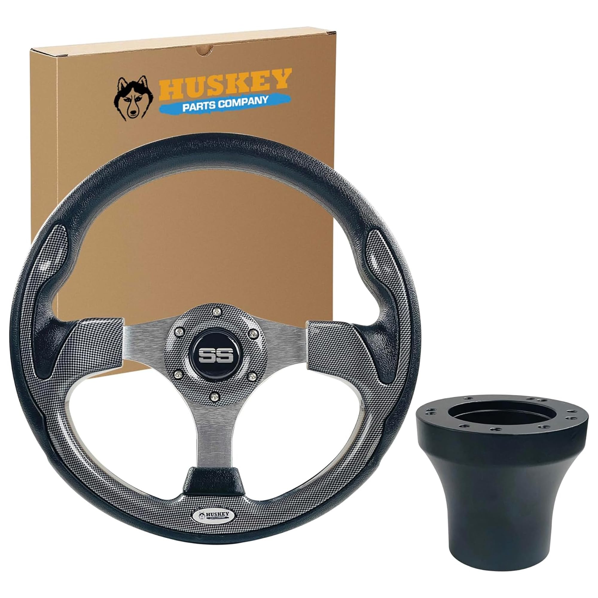 Huskey 12.5 Inch Carbon Fiber Racing Style Golf Cart Steering Wheel Compatible with Yamaha G16-G29 Drive,Drive 2 Gas & Electric Models,Classic SS Center Logo,Brushed Aluminum Spokes and Anti-Slip Grip