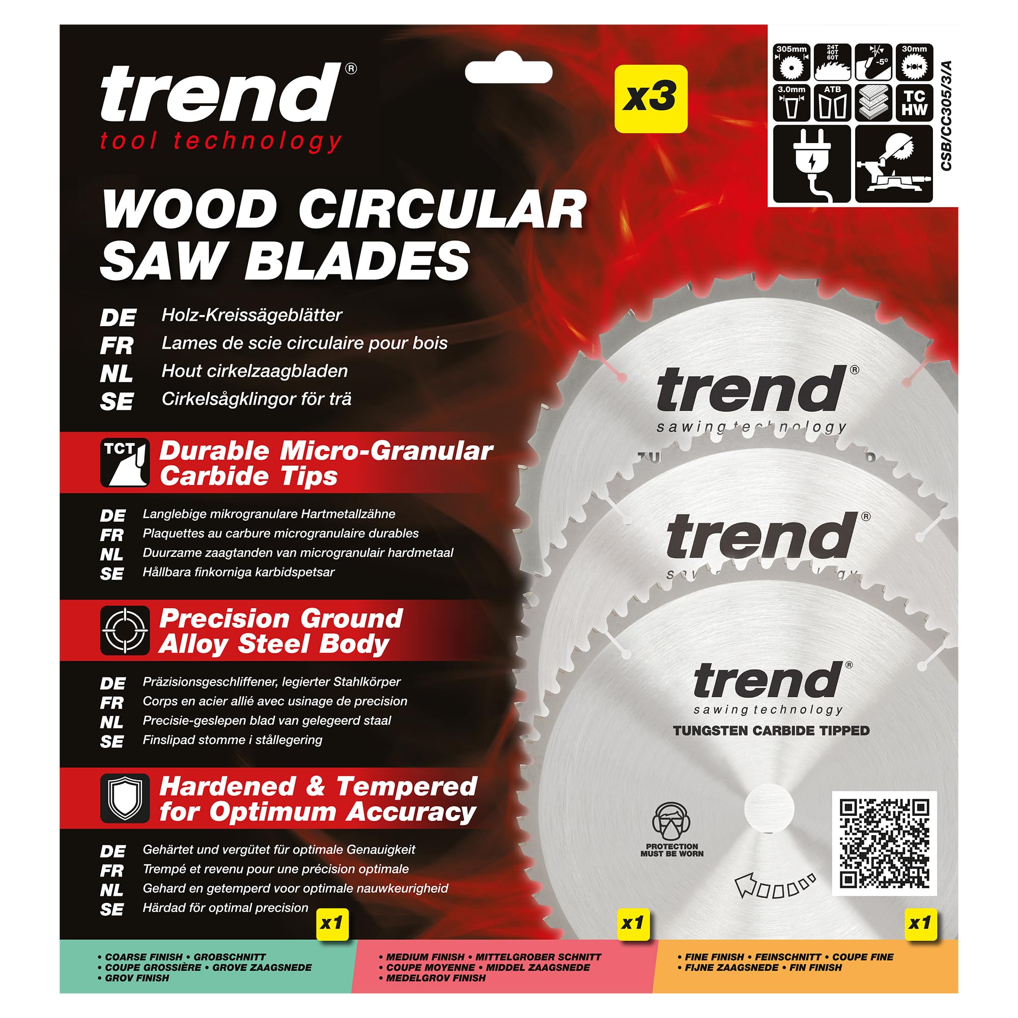 Trend Tarcze TCT do ukośnicy drewna 305 mm 30 mm 24/48/60T 3 szt. | 3 ostrza TCT do drewna: grube/średnie/drobne, 3,0 mm rzazu, hak -5°, CSB/CC305/3/A
