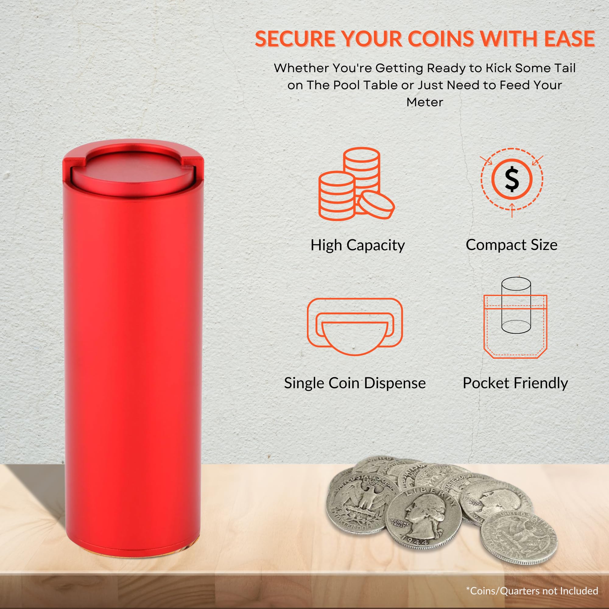 Beer City Billiards Basics - Portamonete (metallo - rosso) tubo nero contiene 40 più monete quarti o dollaro accessori da biliardo dispenser