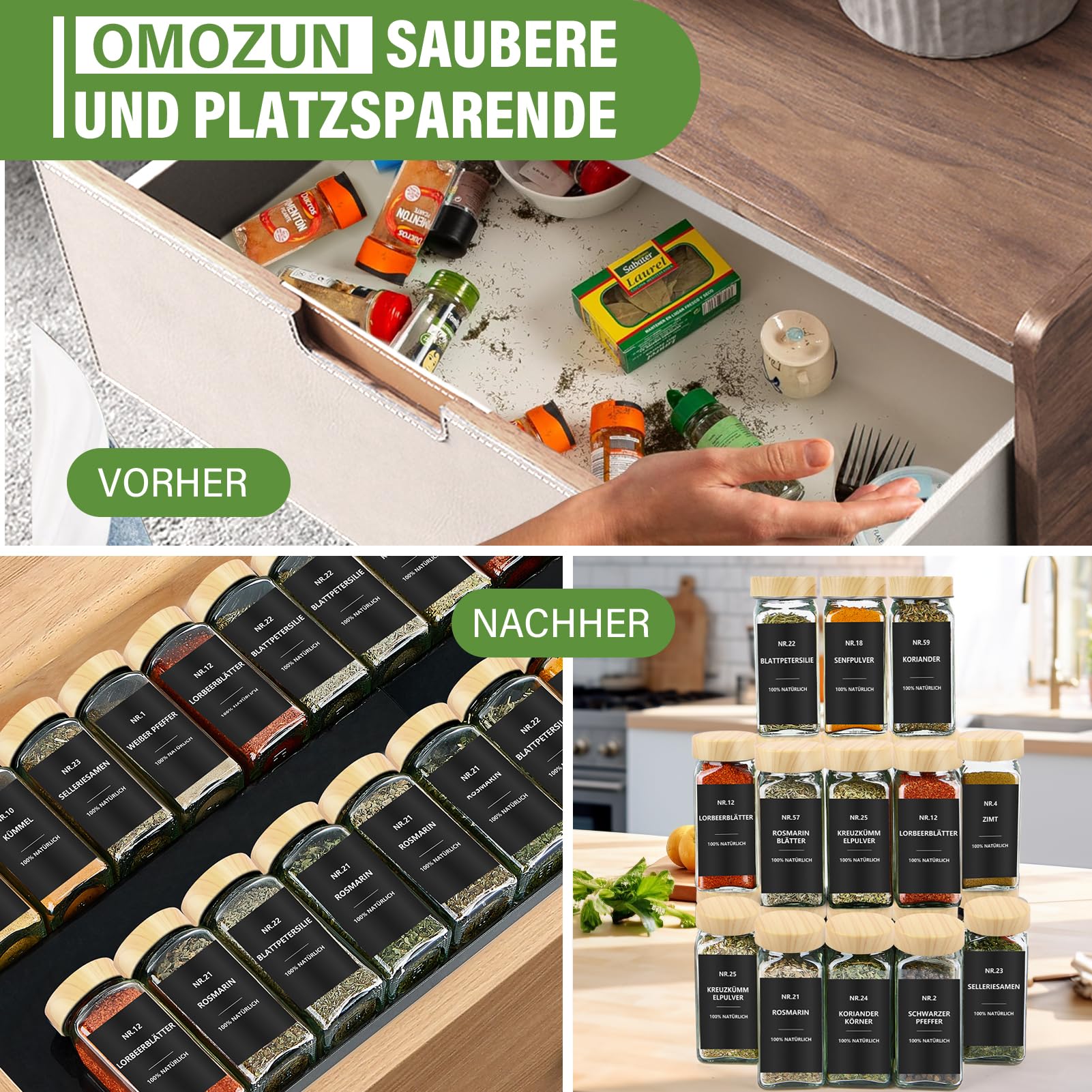 Juego de 36 tarros de especias rectangulares con etiquetas, tarros pequeños de cristal de 120 ml con bandeja para esparcir, etiquetas resistentes al agua, almacenamiento de especias para el cajón de