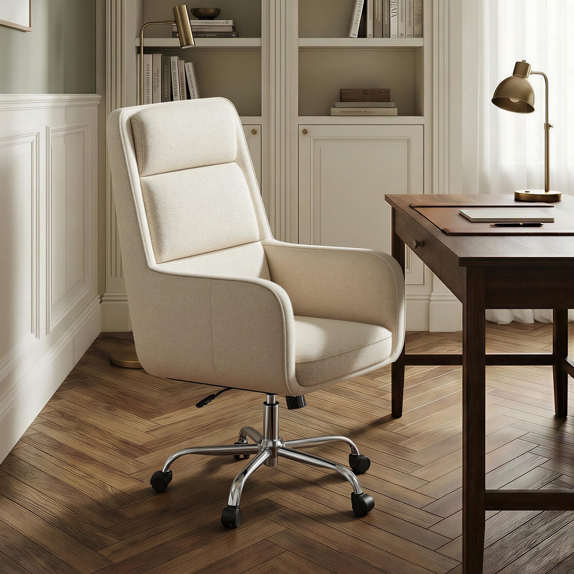 COLAMY Cocoon Modern Executive High Back Home Office Chair, Upholstered Desk Chair with Wheels, Vanity Chair with Head and Lumbar Support, Armrest (