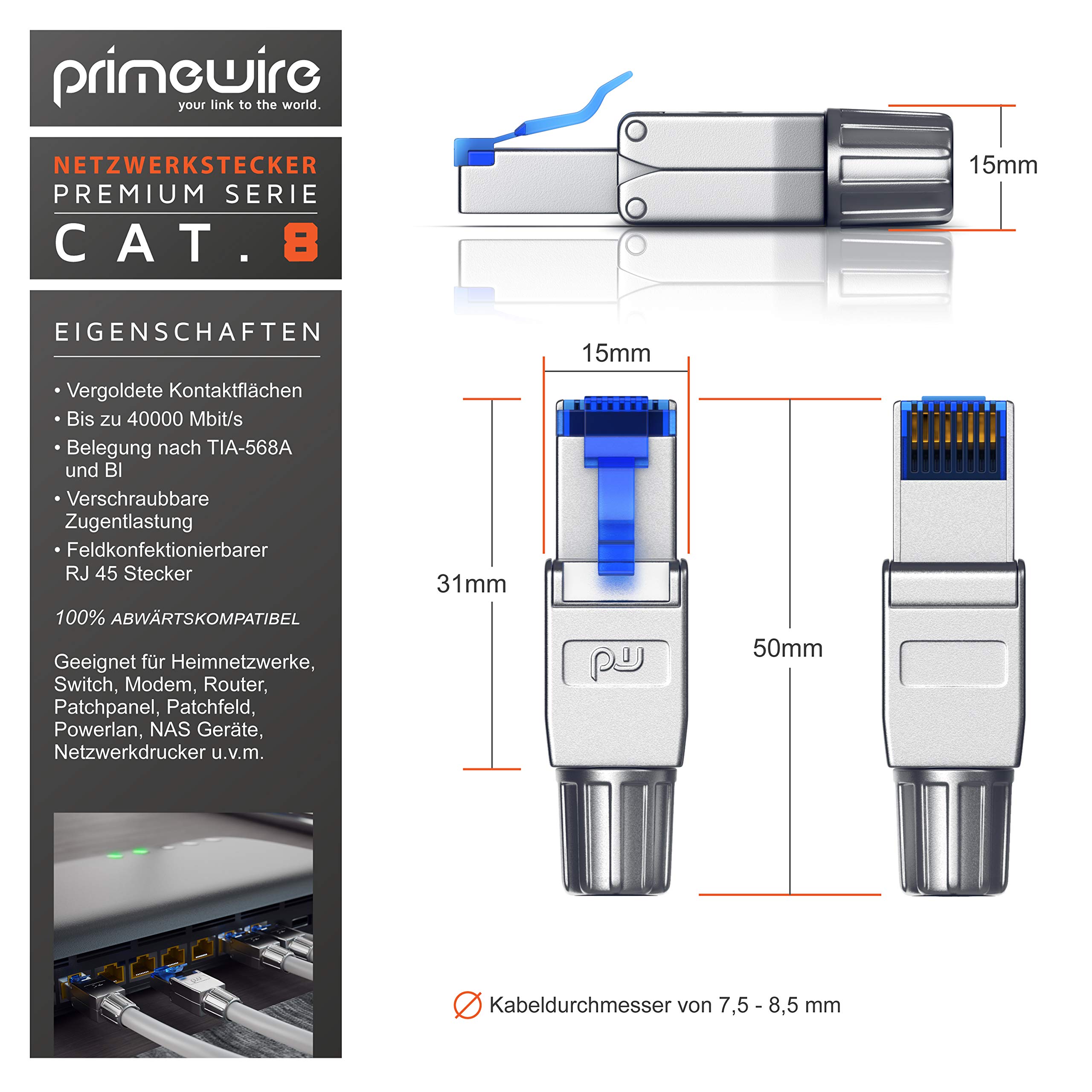 CSL - 8x Netzwerkstecker Feldkonfektionierbar RJ45 CAT 6/7/8 - Geschirmt 40 GBit/s 2000 MHz Ethernet Werkzeuglos LAN Kabel - Crimpstecker Steckverbinder für Netzwerkkabel Verlegekabel