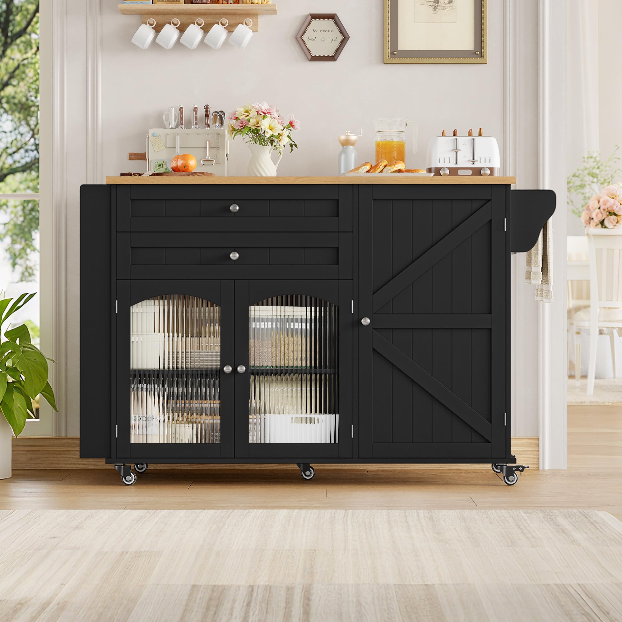 FirFurd Isola Cucina con Piano di Lavoro Pieghevole 132x40x97,5 cm Nero