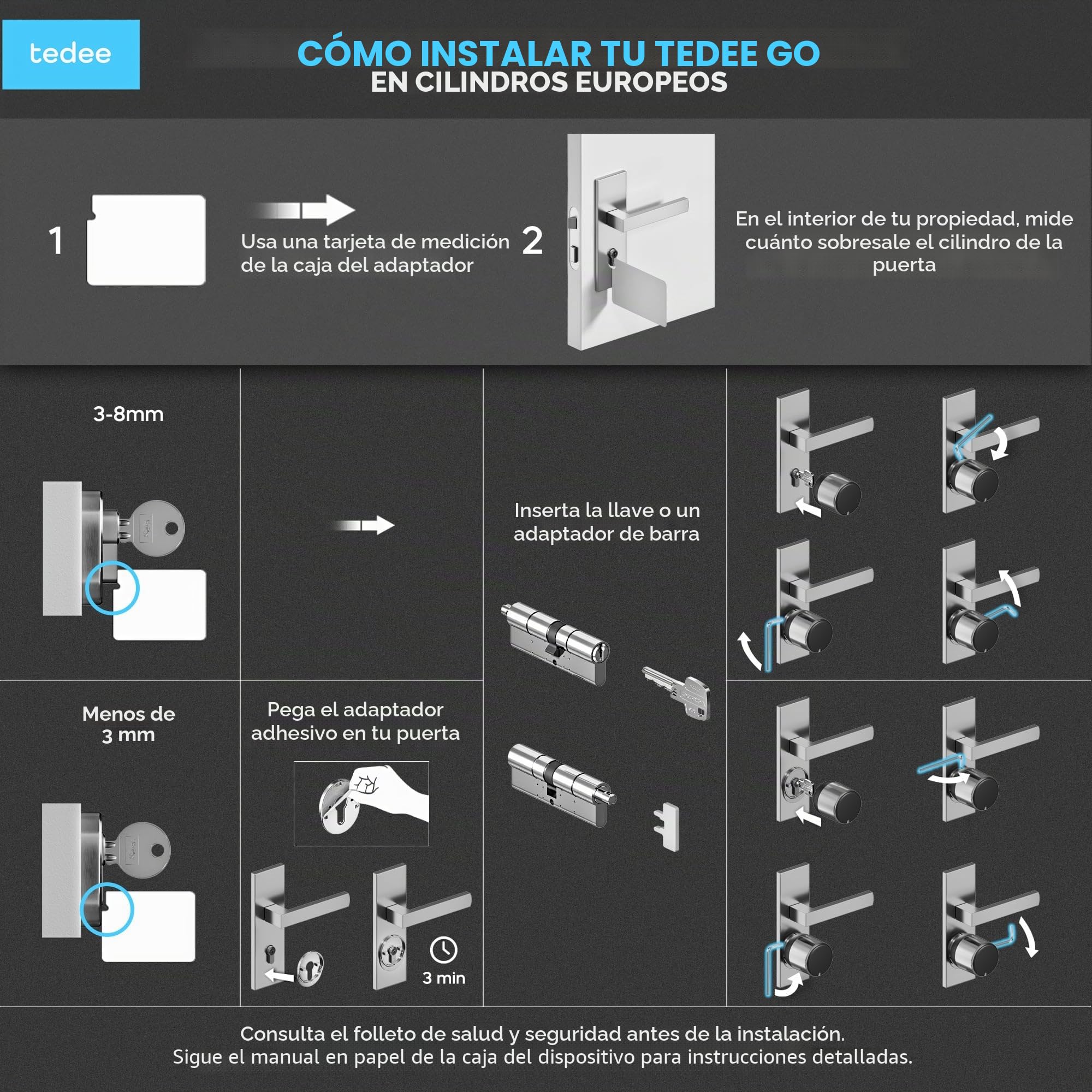 Tedee GO2 Alu Cerradura Inteligente con WiFi, Cilindro Exxo Smart, Huella Dactilar y Sensor de Puerta, Seguridad Clase 6, Acceso Remoto y Bloqueo Automático sin Llave | Alexa, Google, Apple, Matter