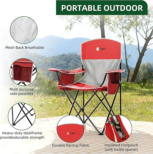 Miniatura 3 de Silla plegable portátil para exteriores con portavasos y bolsa enfriadora, malla transpirable, reposabrazos anchos, diseño ergonómico para