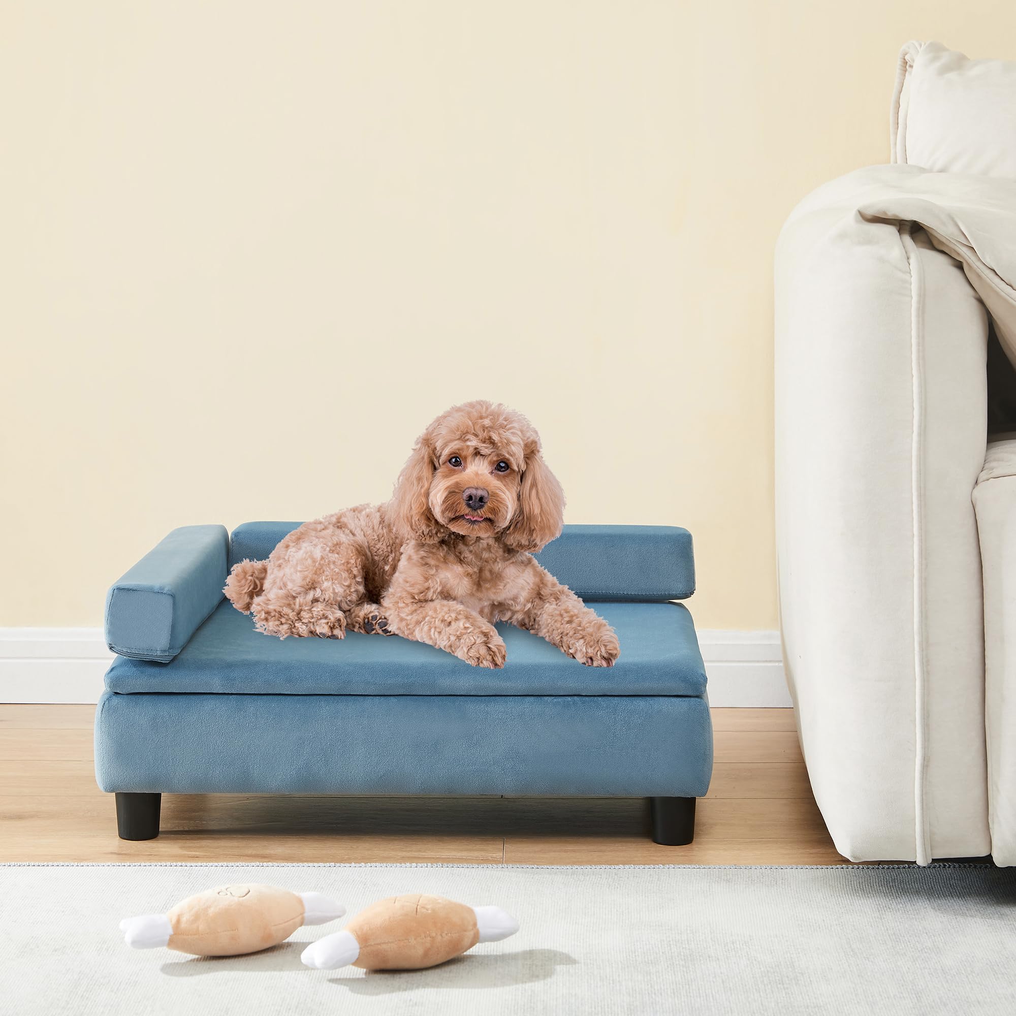 [en.casa] Cama Perro Salkonssad con Almacenamiento Oculto Sofá para Mascota Gato Pequeño/Mediano con Laterales Desmontables MDF Terciopelo 60x45x24cm Azul