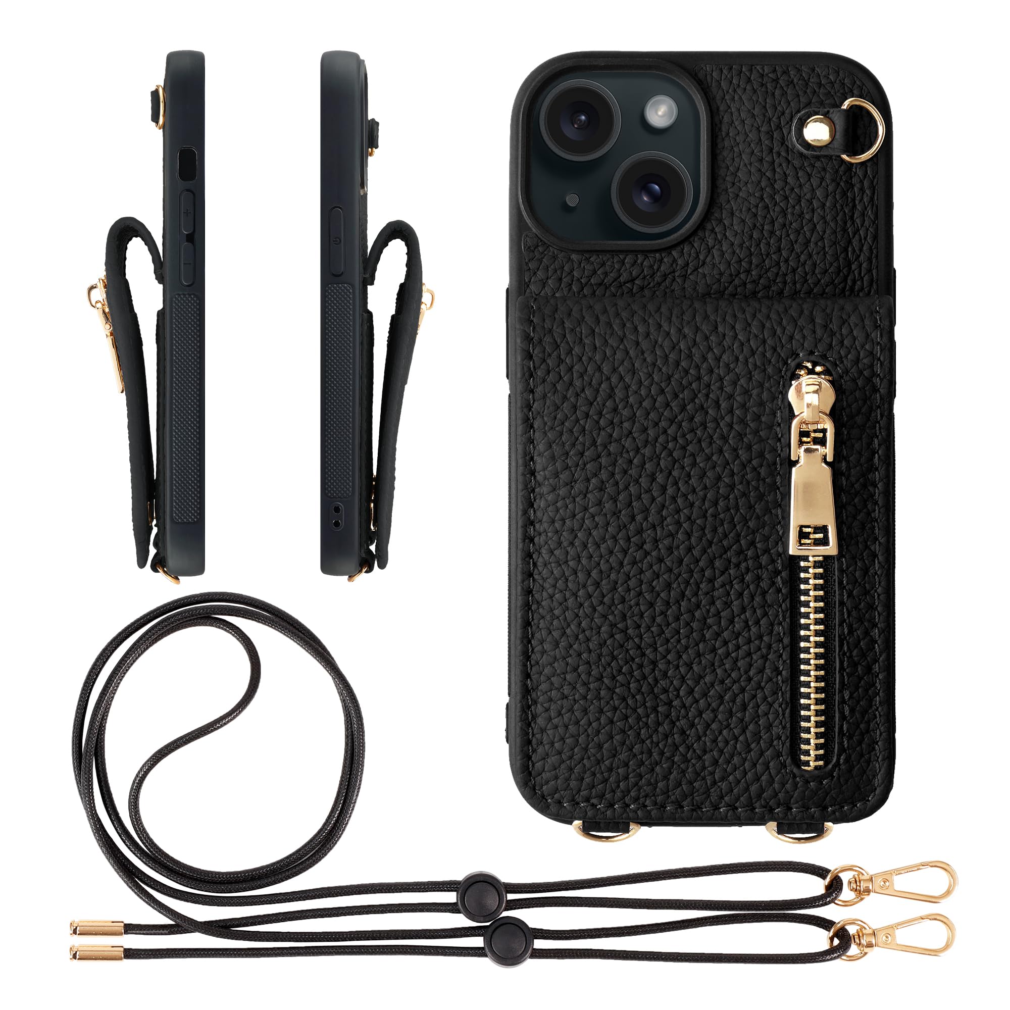 iPhone 15 ケース ブラック　ショルダーストラップ付き　シンプル