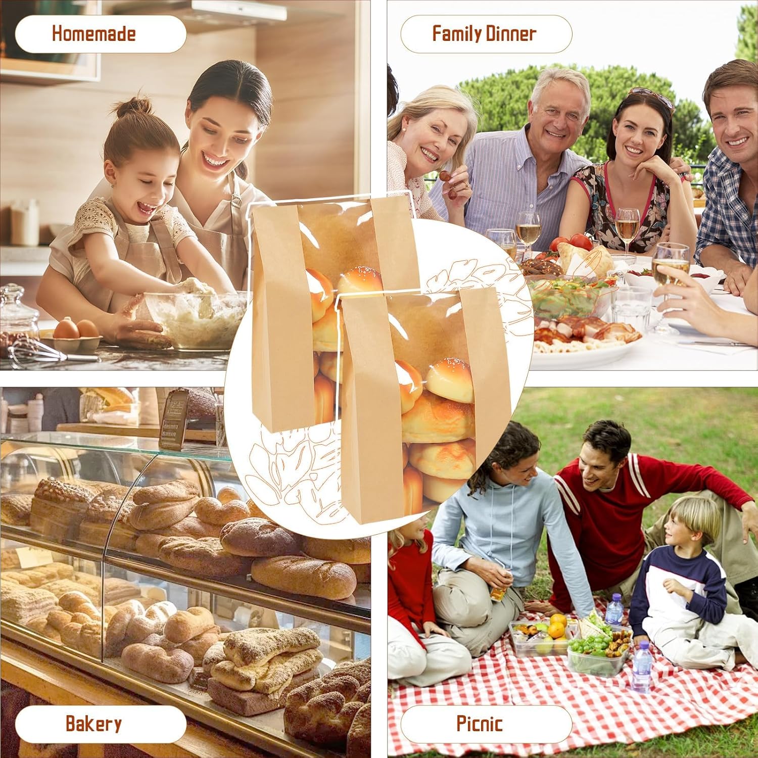 300 Packs Paper Bread Bags for Homemade, Sourdough Bread Bags with Clear Window Includes Label Seal 300 Pcs Stickers, Bakery Packaging Storage for Cookies Snack (13.7x8.2x3.5 inch)