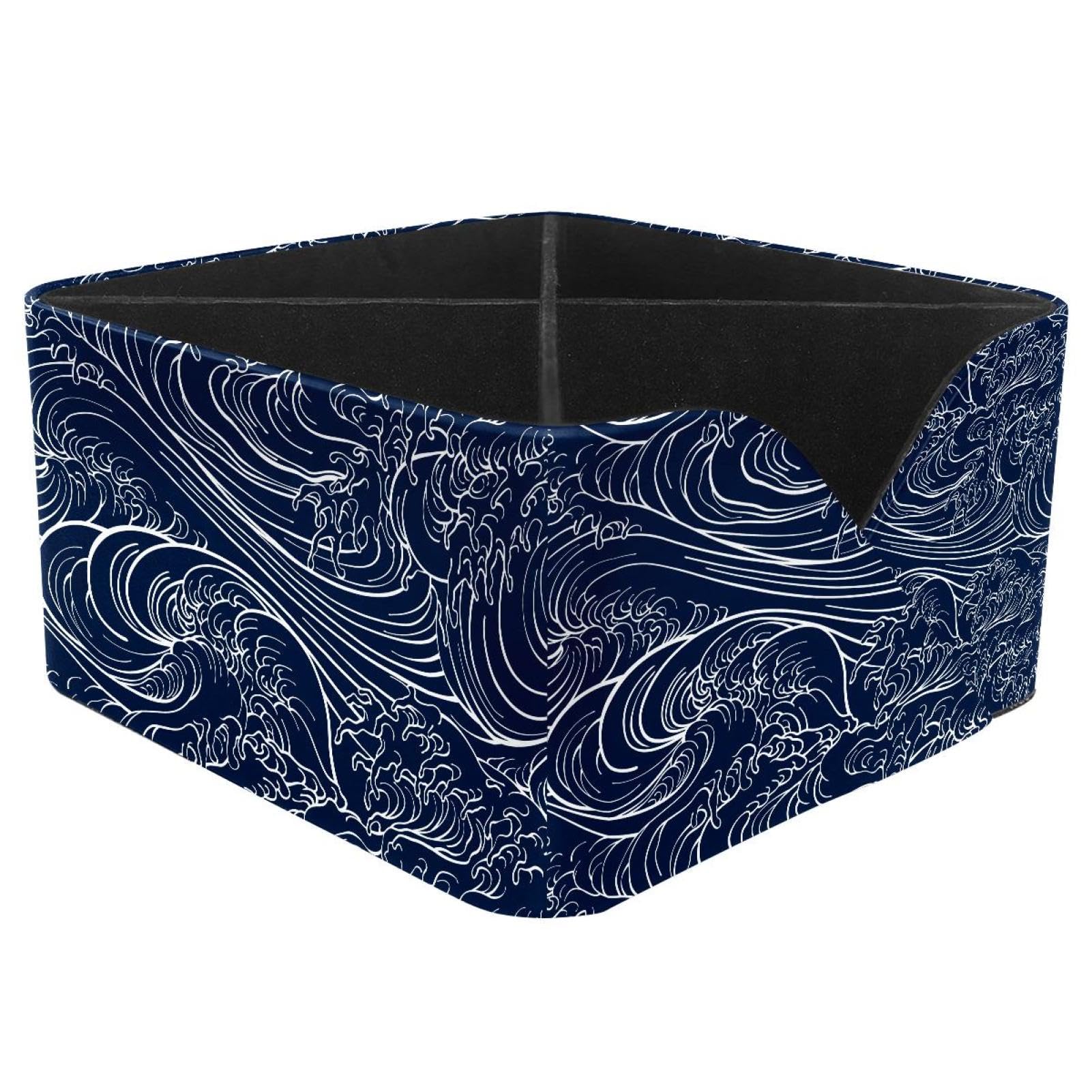 KengjuTesu Japanese Sea Wave Pattern Desktop Organizer Pen Holder, Rectangular Pencil Cup for Office, Study and Makeup Stations