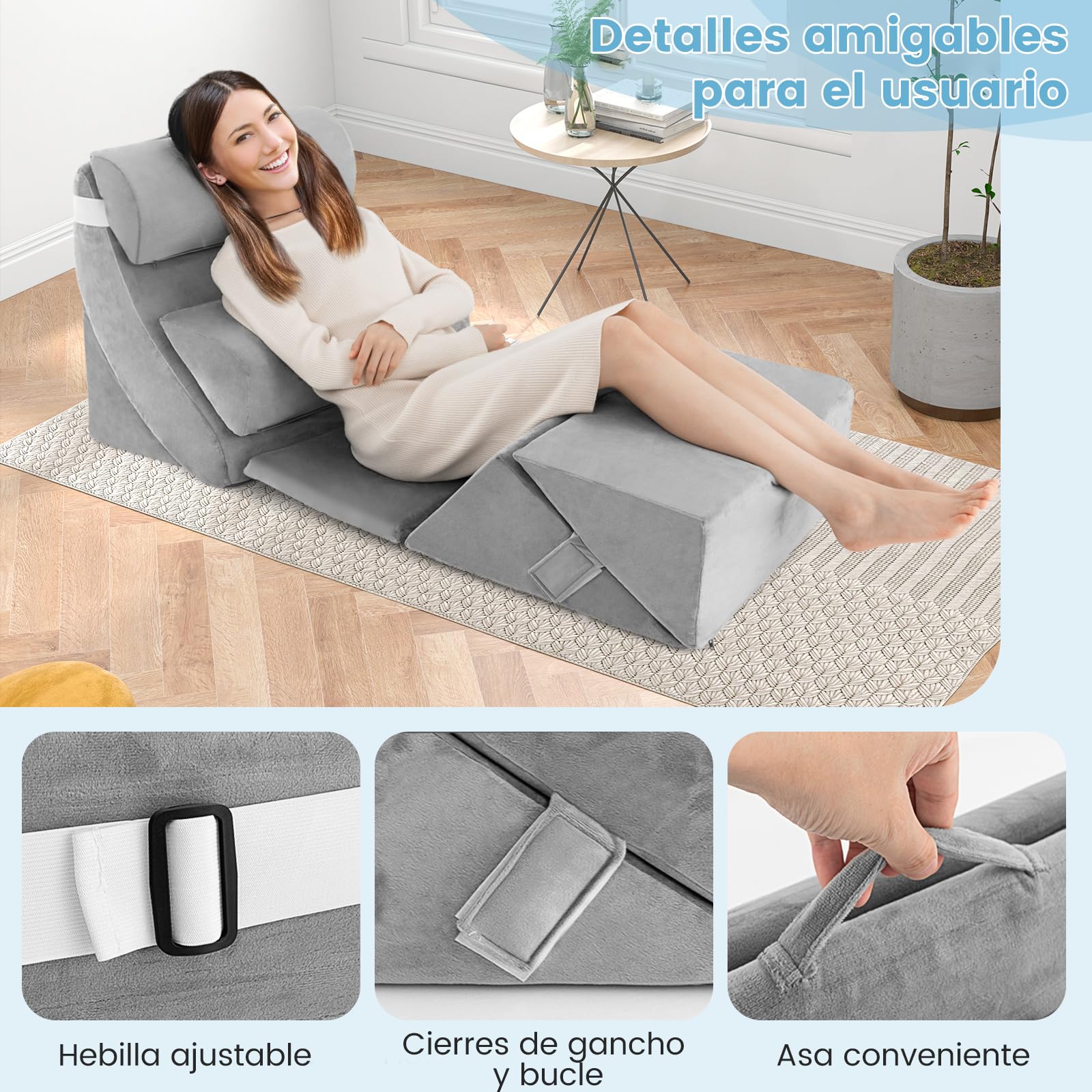 COSTWAY 7 Piezas Respaldo Cama, Almohadas de Cuña Ajustables de Espuma Viscoelástica para Cuello, Lumbar, Piernas, Almohada Lectura Cama, Cojín de Lectura
