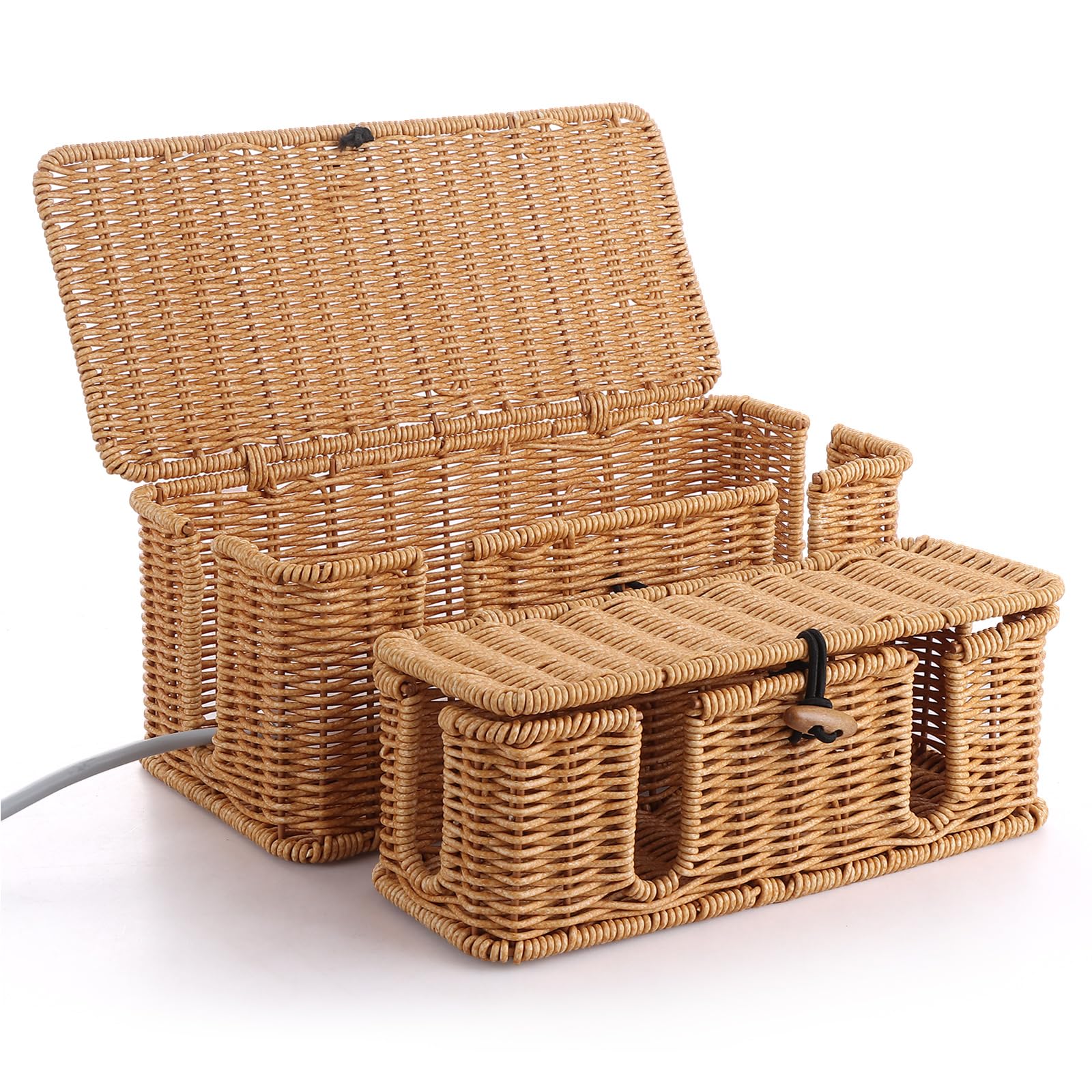 Oungy 2 Pack Cable Management Box, Imitation Rattan Cable Tidy Box with Lid, Cable Storage Boxes Cable Organiser Boxes for Computer Router USB Hub & Power Strip