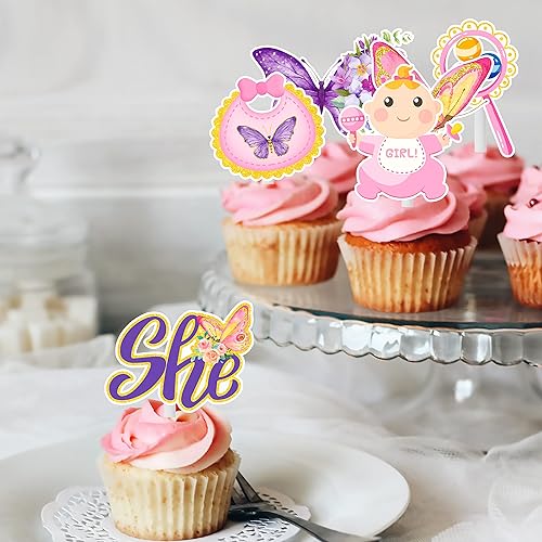 Miniatura 9 de 36 piezas de decoración de cupcakes de mariposa para baby shower con texto en inglés "It's A Girl" para fiesta de bebé, baby shower, revelación de