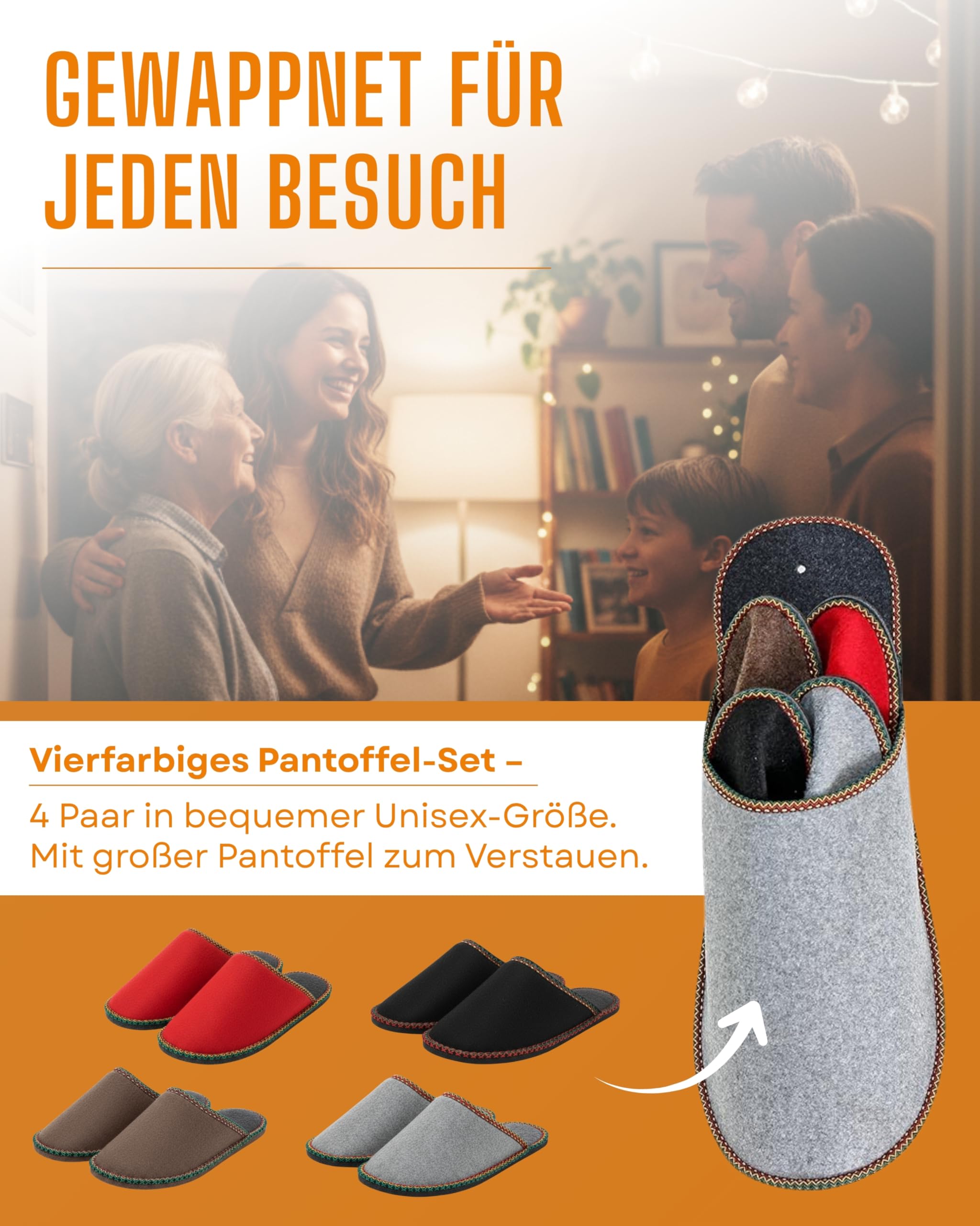 Pantoffelmann Filz Gästepantoffeln Set mit Filzsohle I 4 Paar Faltbare Filzschlappen gemischte Größen & Farben I Pantoffelset im großen Überpantoffel