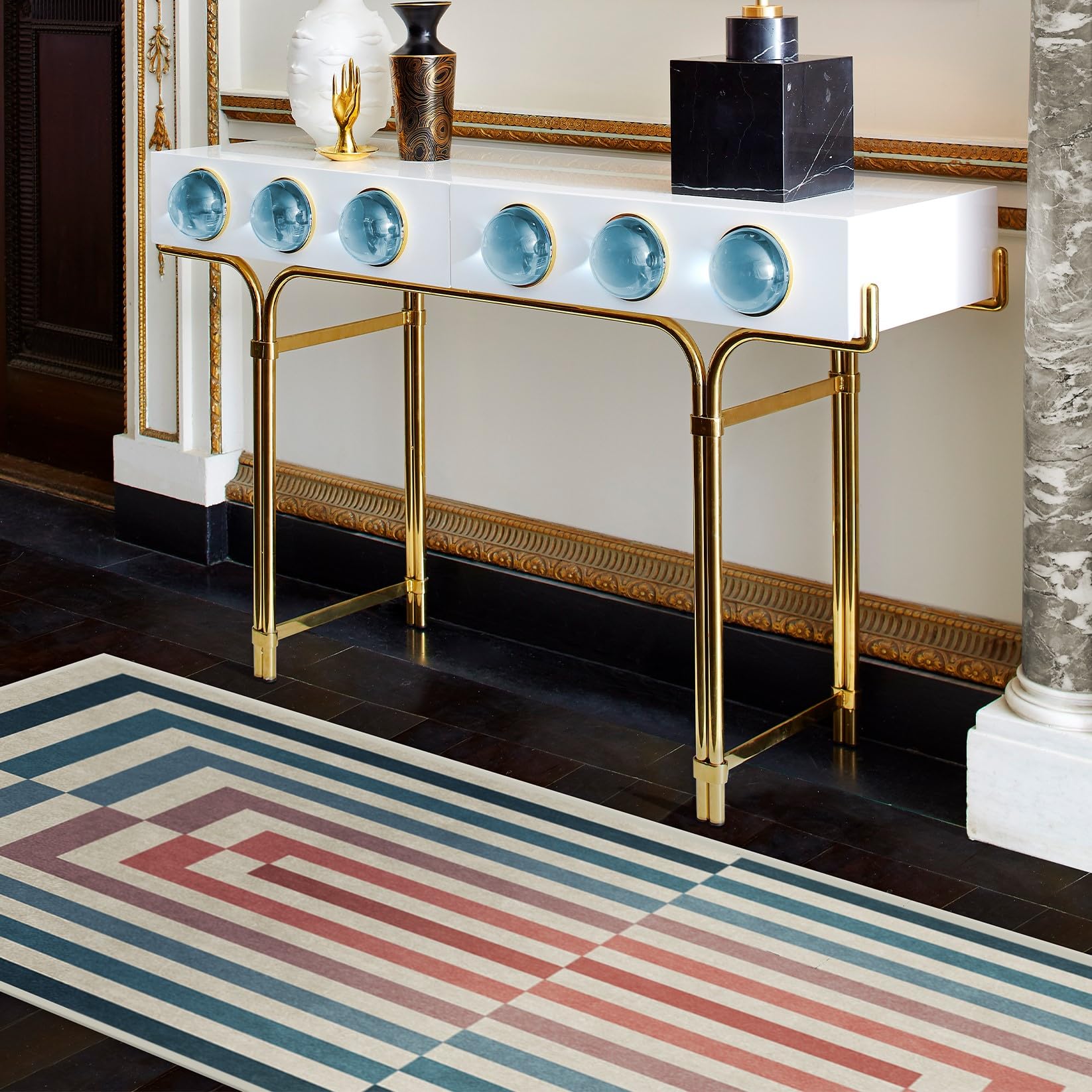 RUGGABLE x Jonathan Adler Machine Washable Modern Runner Rug – Op Art Teal 2.5x7, Stain-Resistant, Non-Slip Standard Pad – Washable Rug for Hallway, Entryway, Living Room & Kitchen