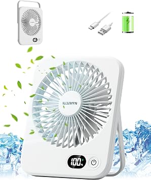 Desk Fan Rechargeable, Portable Battery Desk Fan for Office Bedroom Bedside, Ultra Silent USB Fan with Strong Airflow, Tilt Folding Fan for Travel, 5-Speed with 4000mAh Battery & LCD Display